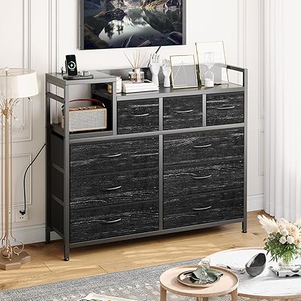 Jojoka TV Stand with Charging Station, Bedroom Dresser for Living Room TV Stand with 9 Drawers,(Black Willow)