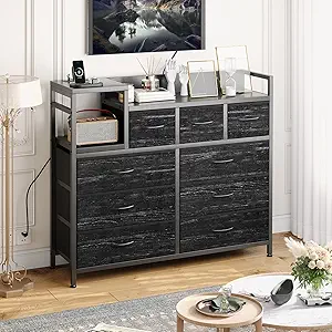Jojoka TV Stand with Charging Station, Bedroom Dresser for Living Room TV Stand with 9 Drawers,(Black Willow)