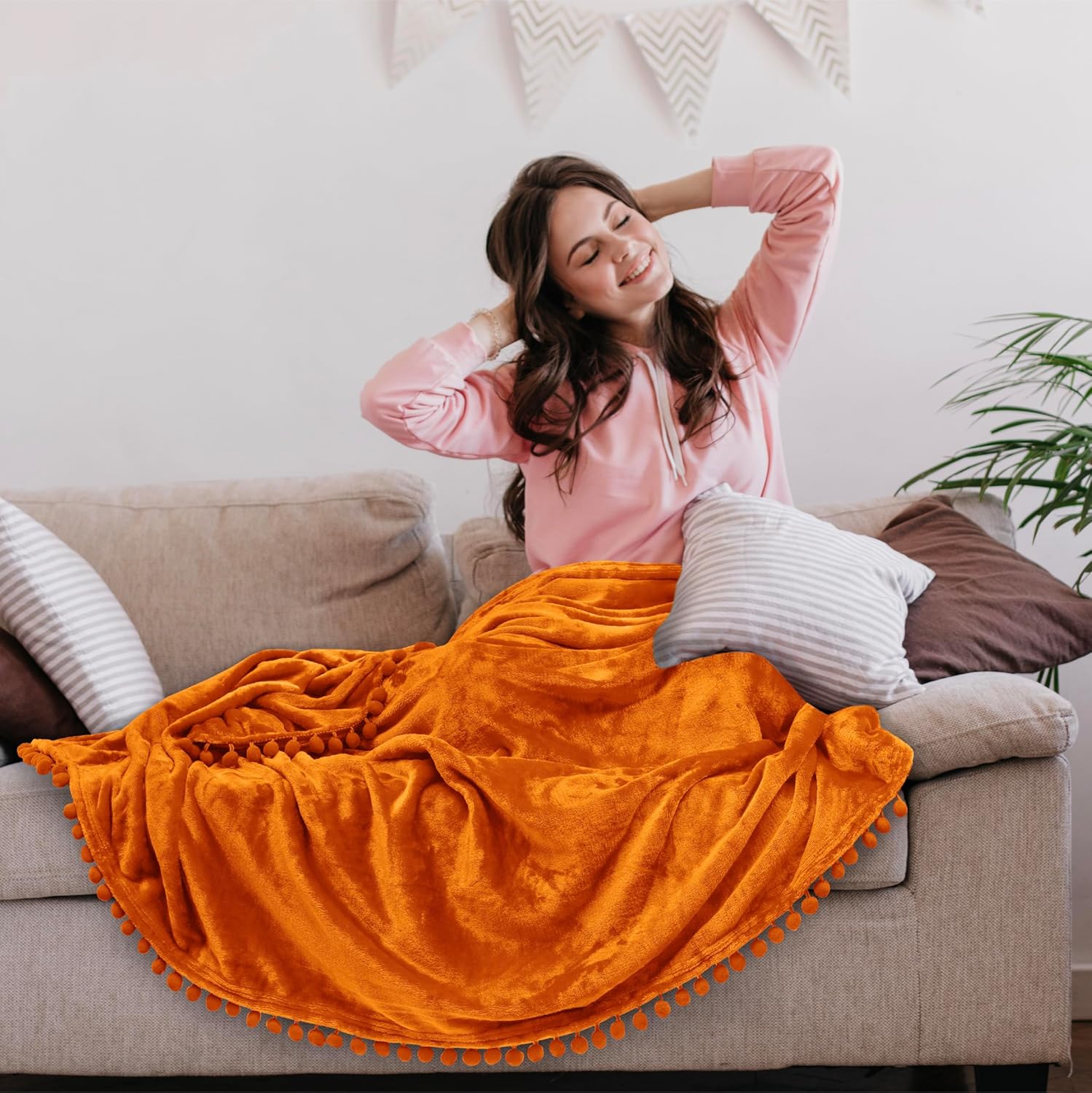Orange Fleece Throw Blanket with Pom Pom Fringe, 50" x 60"