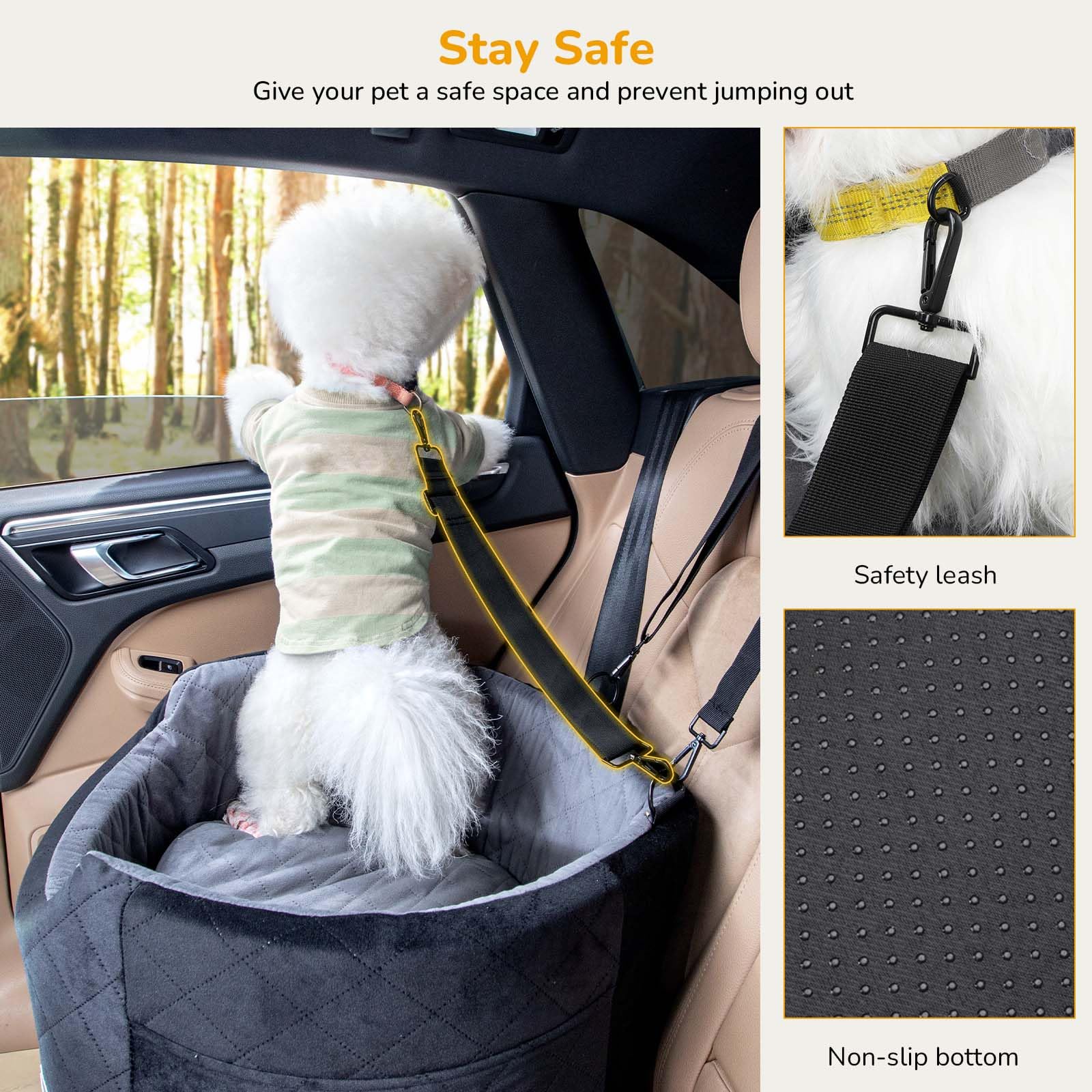 Pecute Seggiolino Auto per Cani di Taglia Medio/Piccola con Cintura di Sicurezza, Seggiolino Auto per Cuccioli Rialzato con Morbido Cuscino da 15cm, Staccabile e Lavabile con Tasche, Fino a 13.6kg