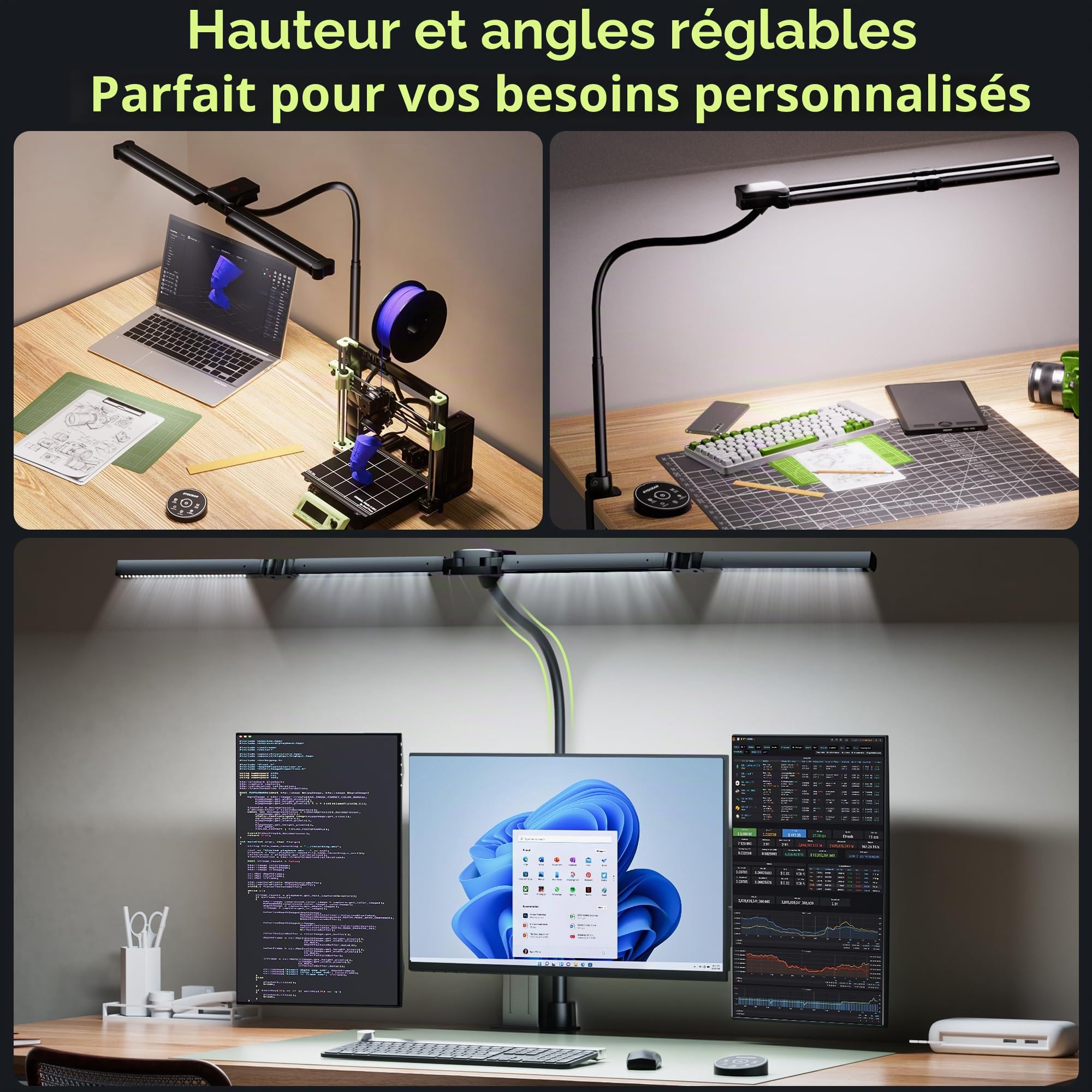 EYOCEAN Lampe De Bureau À 4 Sources Lumineuses, 24 W, 100 Cm, Lumière Du Jour, Avec Télécommande, Pour Écran À Intensité Variable, Col De Cygne, Noir Profond