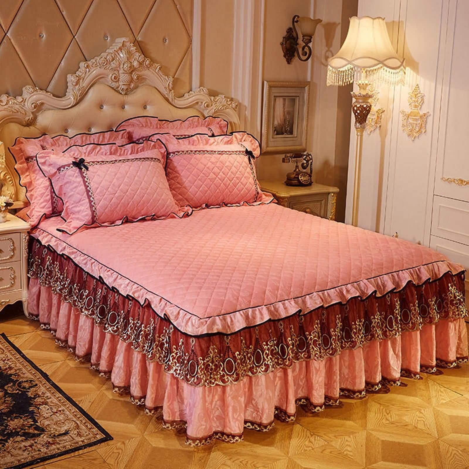 Daesar Housse de Drap à Volant 180 x 200 CM, Drap Housse Réglable Cache Sommier Velours Vignes Fleurs Couleur Unie Texturé avec Dentelle Brodé Hiver Draps Housses Doux, Anti-Plis, Orange Rose