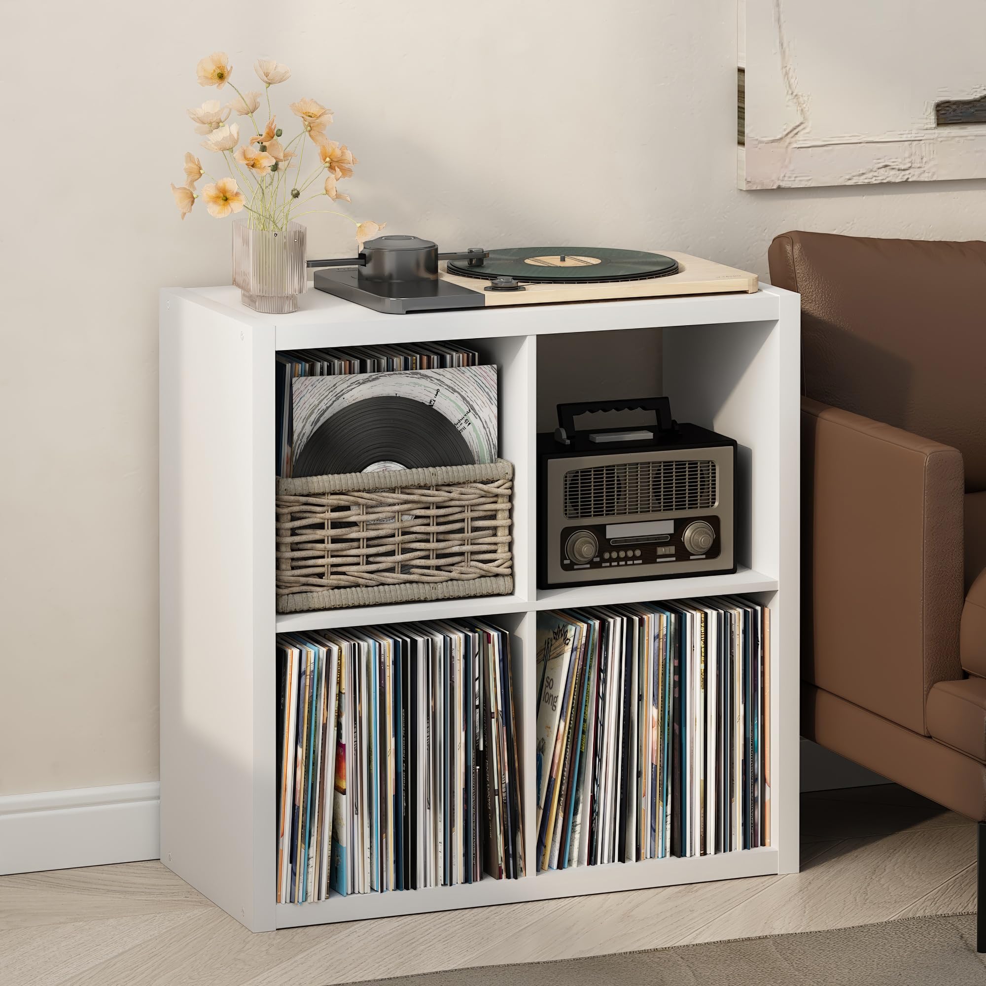 Furinno Cubicle Meuble Tourne-Disque avec Rangement pour Vinyles, 4-Cube Rangement pour Disques Vinyles 1.2 Extra Épais, Multimédia Ouverte À L'Arrière pour CD DVD Disques De Jeu Blu-Ray, Blanc