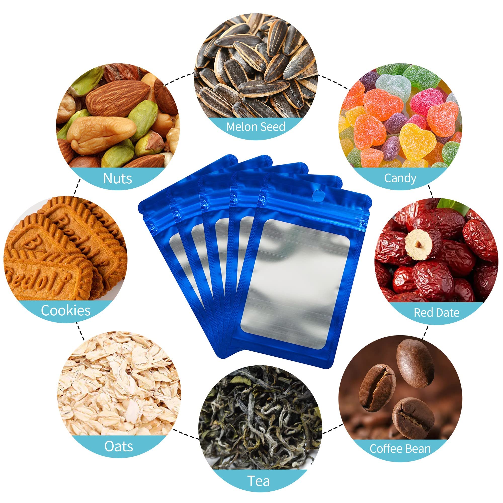100 sacchetti richiudibili in Mylar olografico con chiusura lampo, per alimenti, a prova di odore, con finestra frontale, per biscotti, campioni, gioielli, snack, 8 x 14 cm