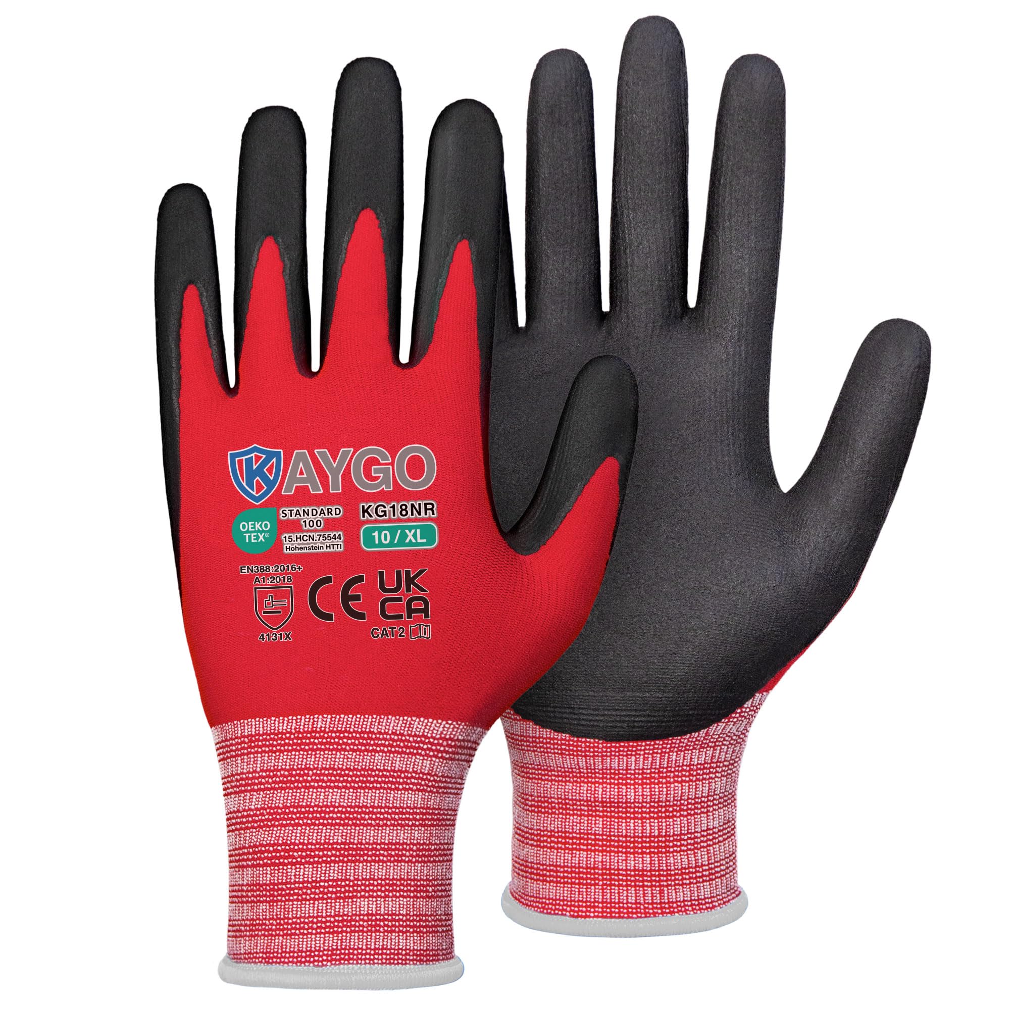 KAYGO Micro Foam Nitrile Coated Work Gloves 3 Pairs, Nylon Liner, Breathable and Flexible, Light Oil Grip, for Warehouse, Construction, DIY, Auto Repair, KG18N (X-Large, Red)
