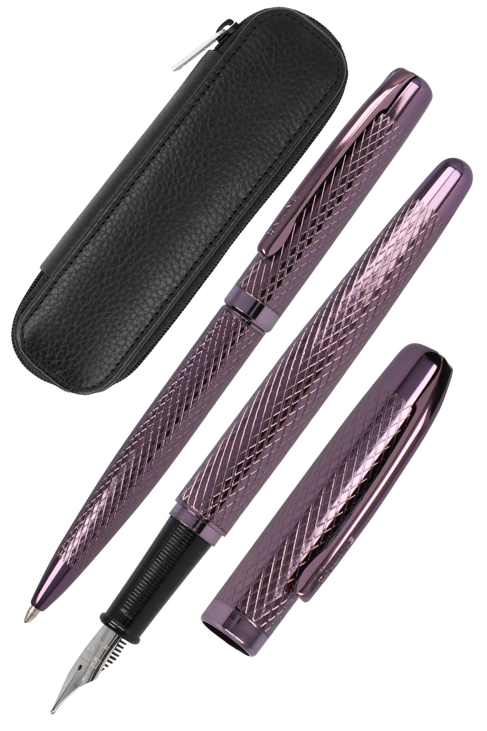 Online Set Eleganza Fountain Pen & Ballpen & Leather Case I Colour: Bordeaux I Nib Size M I Metal Clip I Retractable Biro I Fountain-Pen for Standard Ink Cartridges Or Converter I In Gift Box