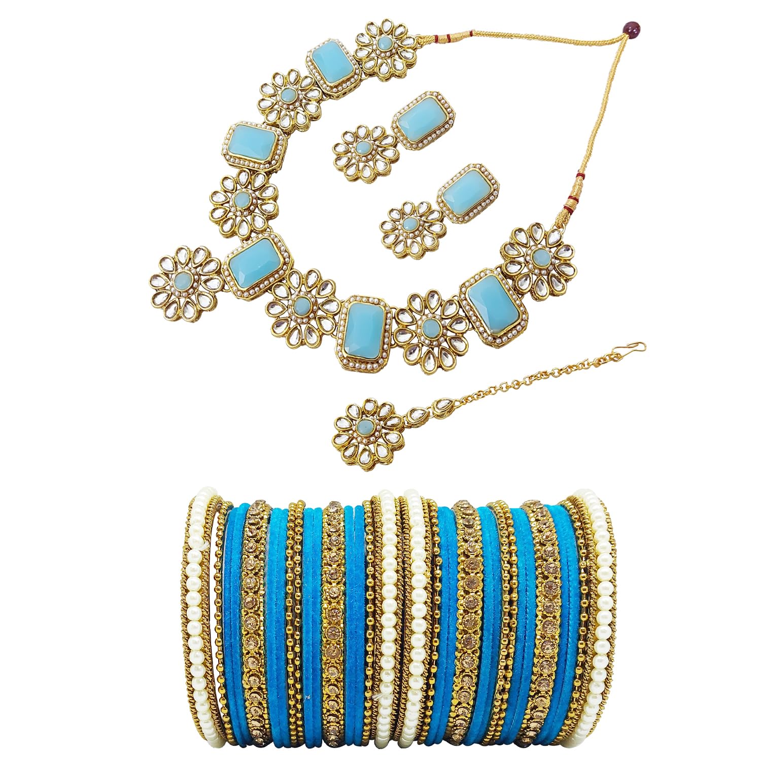 CHRISHAN Gold Plated Designer Kundan Necklace And Metal Bangle Set For Women And Girls. (Light Blue, 2.6) (B0C9TVZ66J) Amazon Price History, Amazon Price Tracker