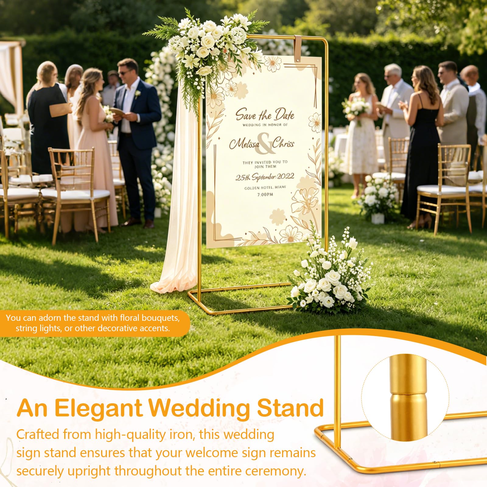 Willkommensschild Ständer Hochzeit 175x80x50cm Gold Metall Verstellbarer Posterhalter mit Lichterkette
