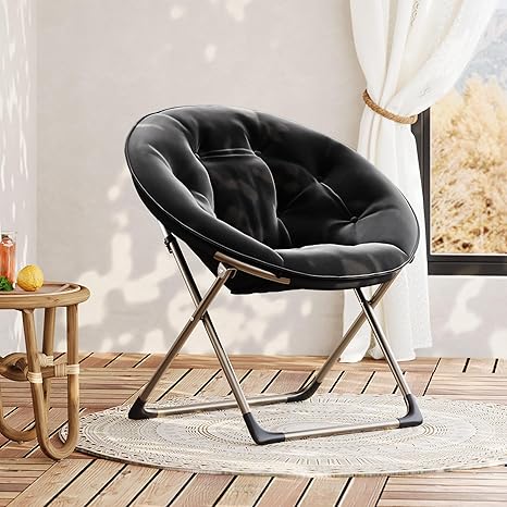 GarveeHome Comfy Oversized Saucer Chair – Soft Plush Fabric Reading Lounger for Adults, Stable X-Large Metal Frame Foldable Accent Lazy Chair for Bedroom, Living Room, Dorm, Office,Black