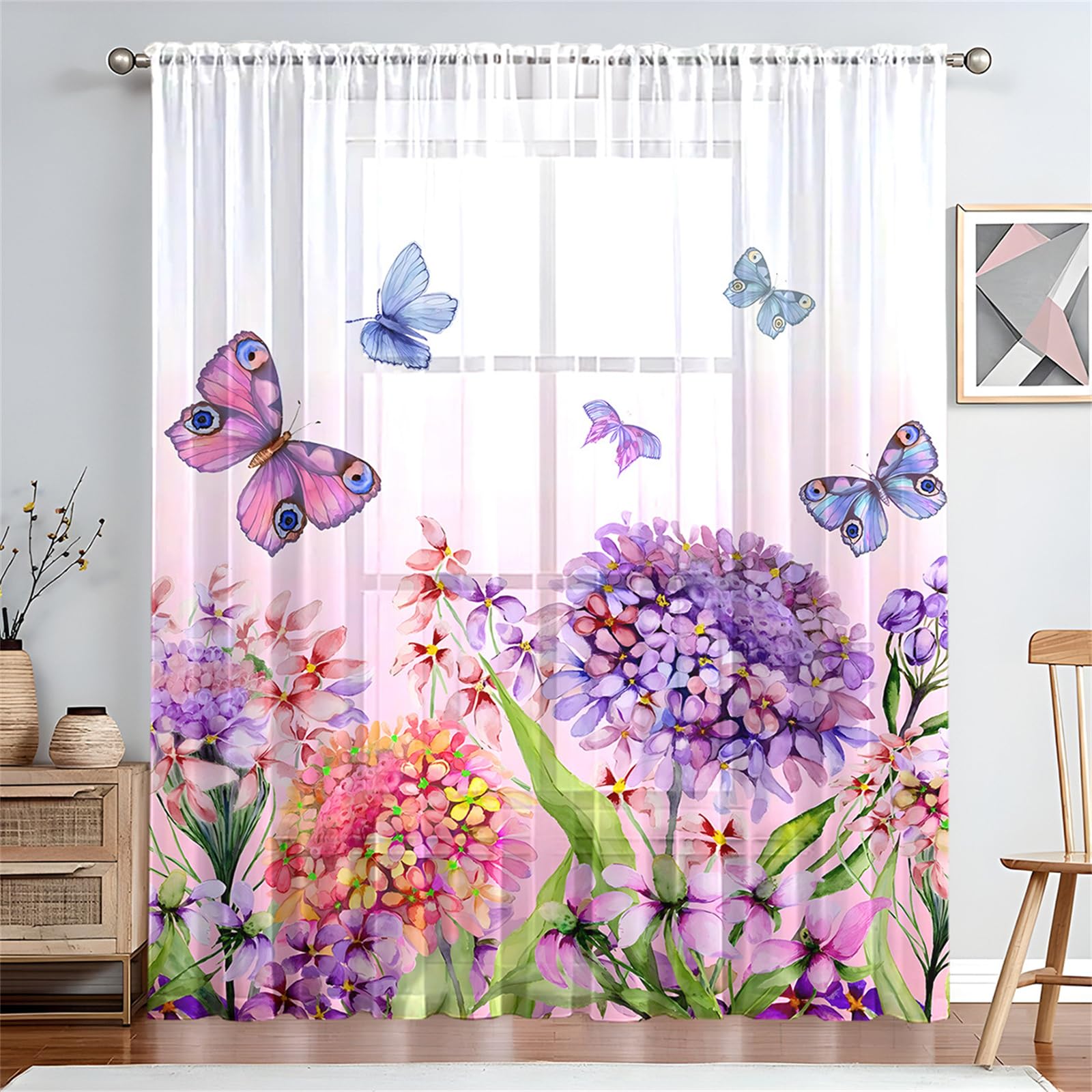 Surwin Net Curtains for Windows, Voile Curtain, 1 Panels Romantic Butterfly Print with Eyelets, Semi Transparent Lightweight Voile Panel for Living Room Bedroom Balcony (Hydrangea,W132xH241cm)