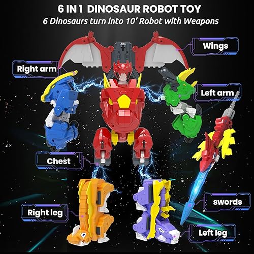 Miniatura 2 de Wenbeier Juguetes de dinosaurio que se transforman en figuras de acción de deformación robot 6 en 1, juguetes desmontables para niños y niñas a