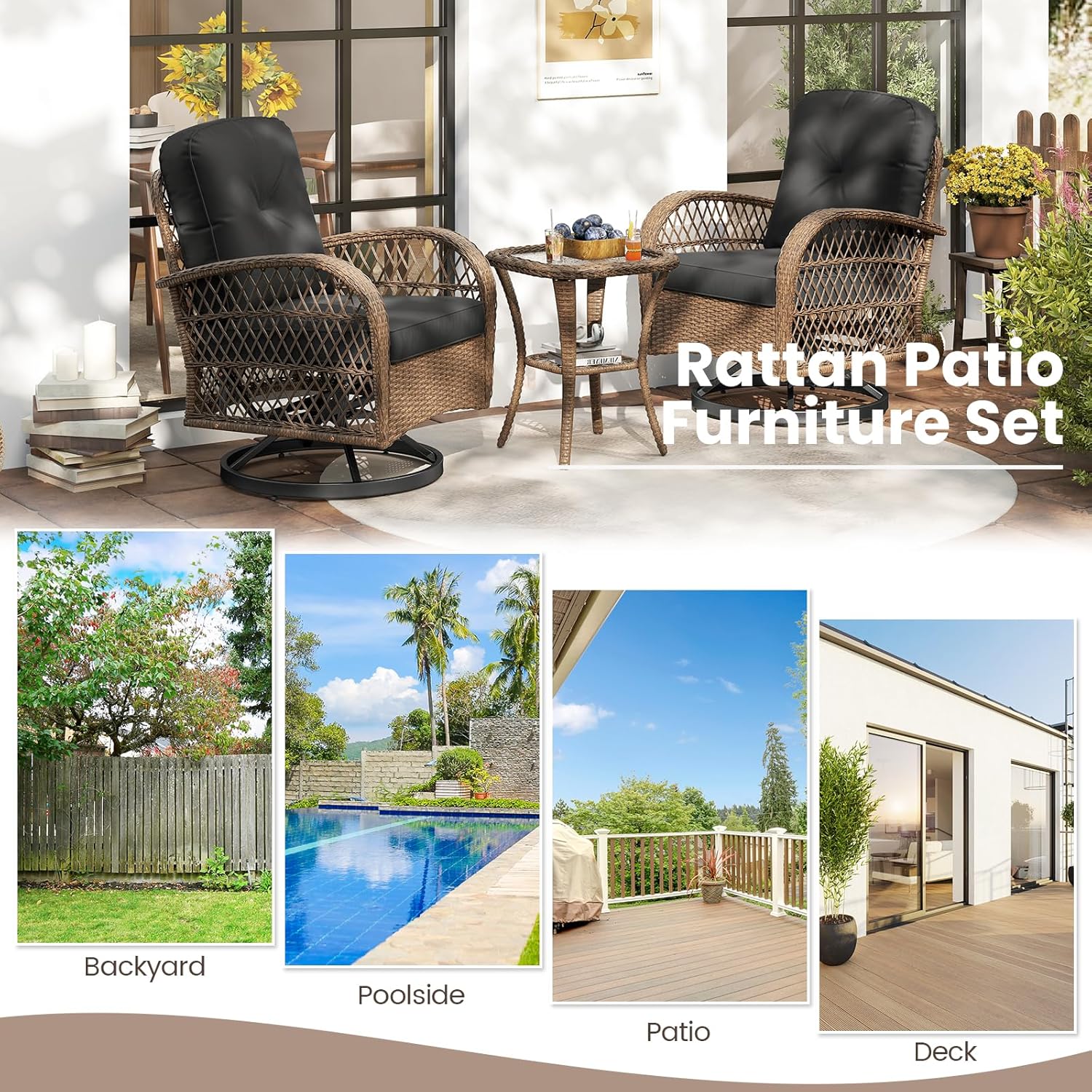ORALNER 3 Pieces Wicker 360° Swivel Rocker Set Patio Furniture, Rocking Chairs with Cushions, Tempered Glass Coffee Table, Outdoor Rattan Bistro Set for Balcony Front Porch Deck Poolside (Black)