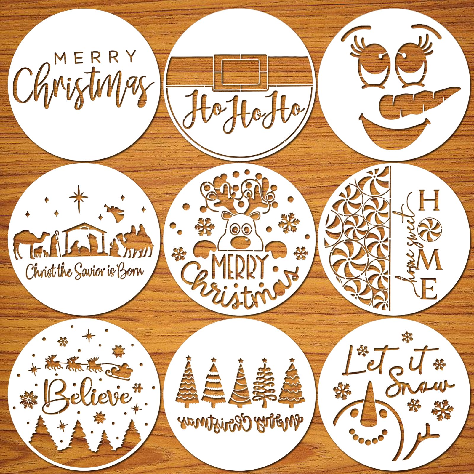 9 Pcs Christmas Stencils for Painting on Wood – 12-Inch Round Reusable Holiday Stencil Templates for Front Door, Porch, Canvas, Fabric, and DIY