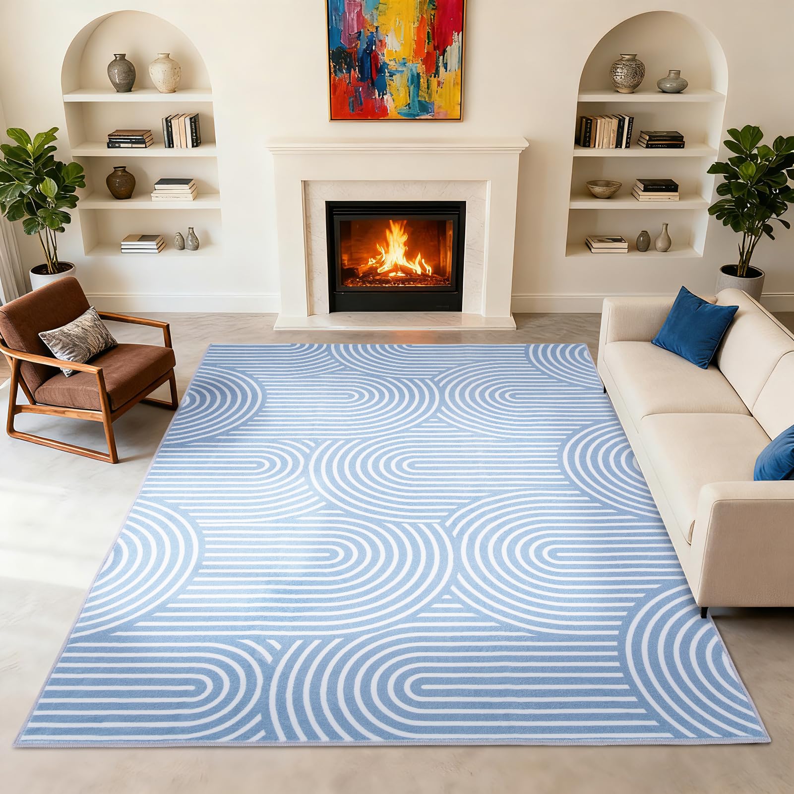 Wohnzimmerteppich 200x280 cm, waschbarer geometrischer Teppich fürs Schlafzimmer, kurzflorig, weich und rutschfest, abstrakter großer Teppich für Klassenzimmer, Esszimmer, Büro, Kinderzimmer, Blau