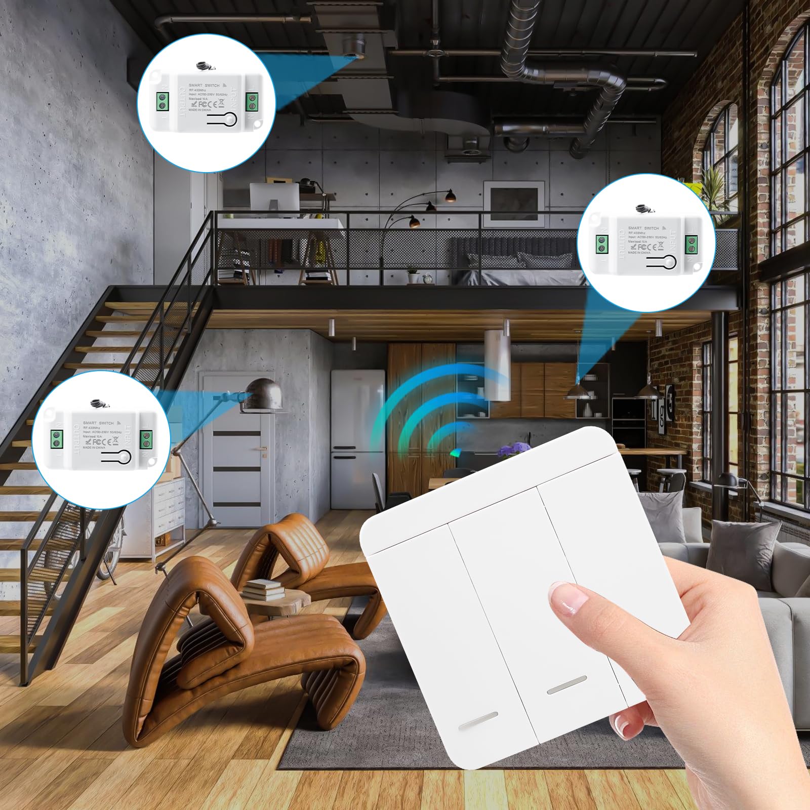 Juego de 2 interruptores de luz inalámbricos, 230 V, 10 A, con control de 3 receptores, interruptor de pared inalámbrico de hasta 50 m de alcance, 200 – 2000 W, no requiere cableado