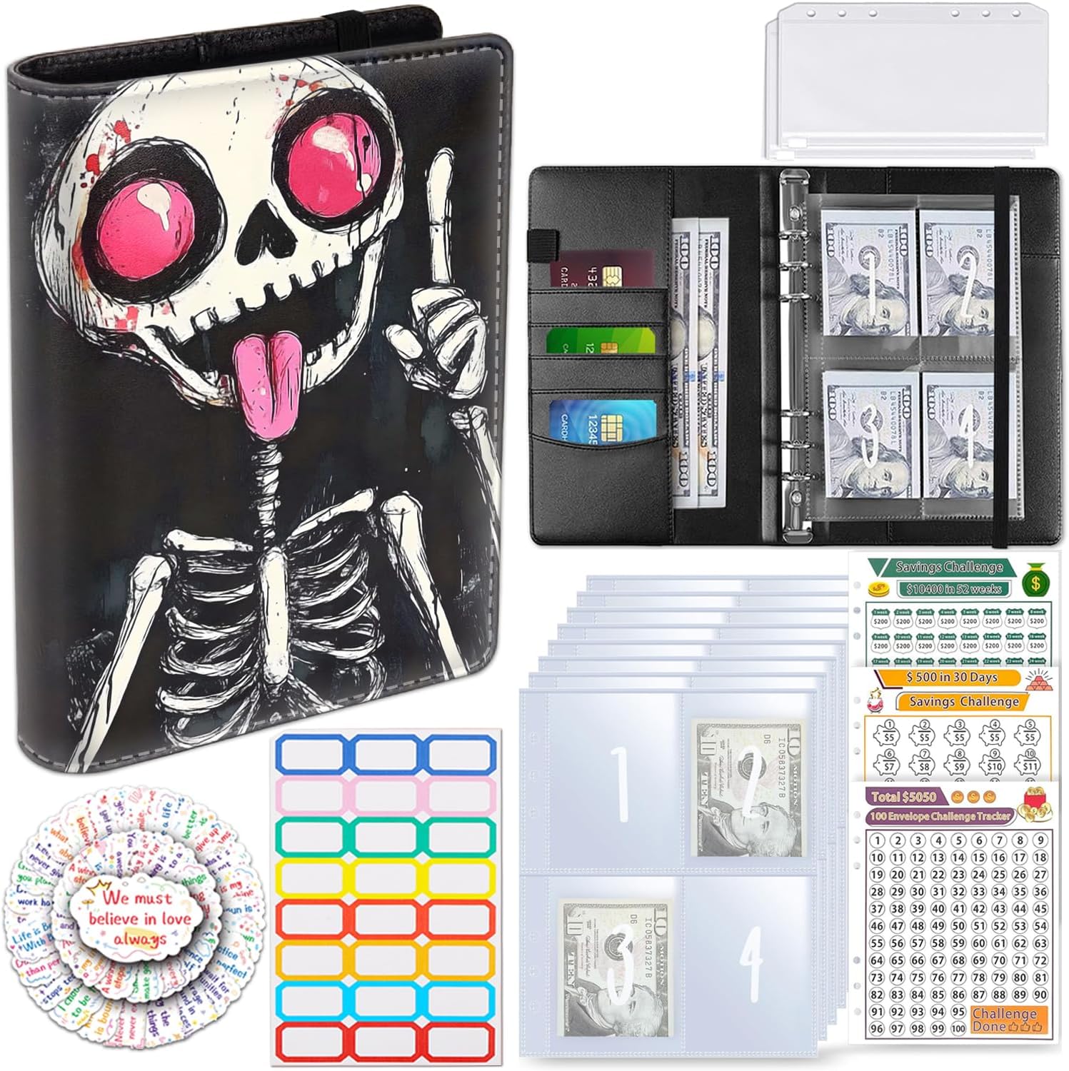 100 Envelopes Money Saving Challenge, A5 Budget Binder with Cash Envelopes & 3 Budgeting Planner Trackers to Save ,050, 10,000, 500, Money Savings Challenge Book for Organizer, Rock Skull