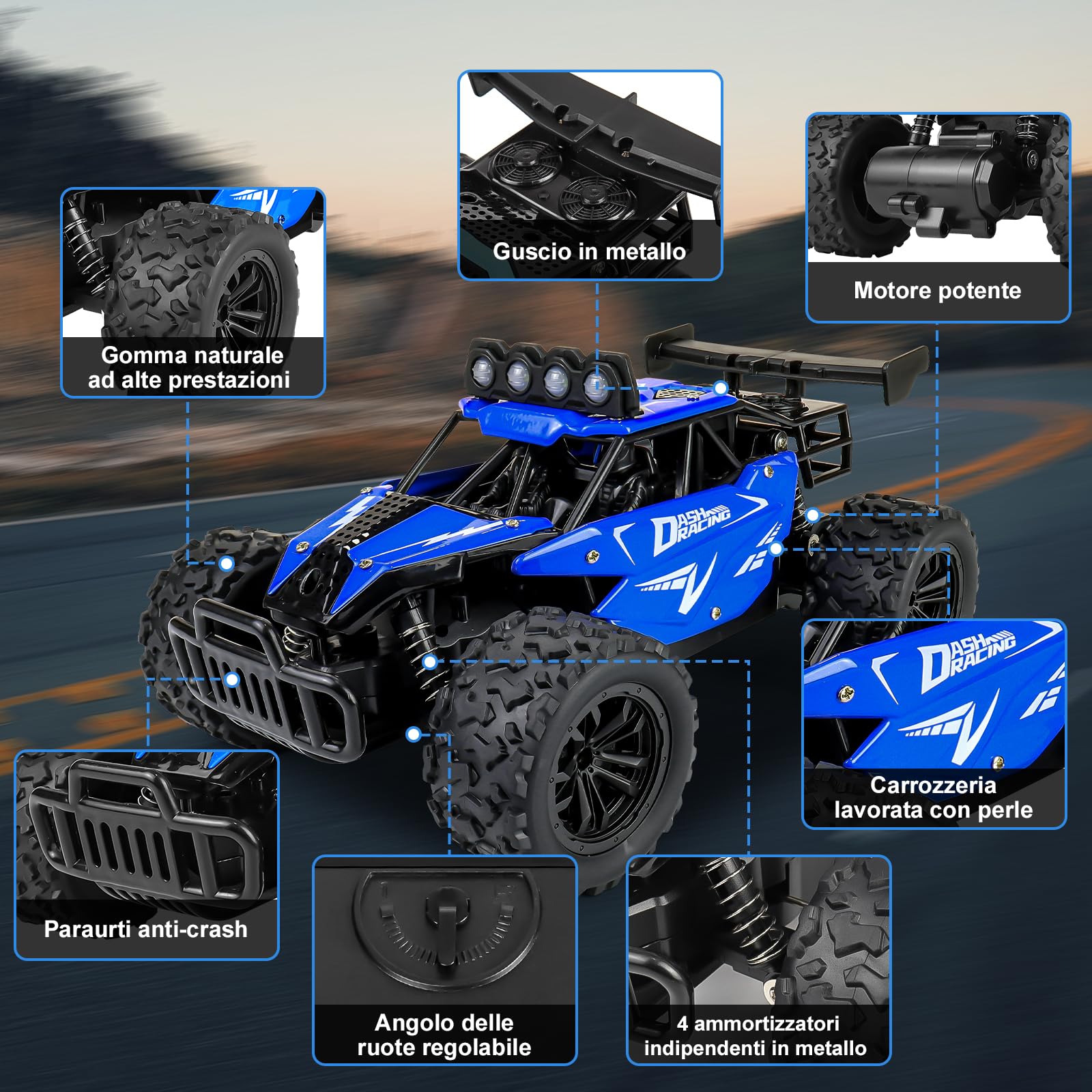 Joellfuner Macchina Telecomandata per Bambini, 2.4Ghz 1:16 Macchina Radiocomandata con Luce LED Quattro Colori, 20KM/H Monster Truck Telecomandato con marce alte e basse per bambini 3+ anni (Blu)