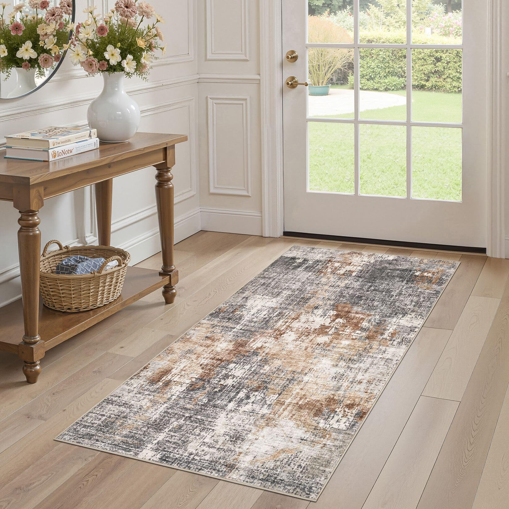 DMOYEST Wohnzimmer Teppich Modern Waschbar Kurzflor Anti-Rutsch Rückseite Weich, Farbe:Graubraun, Größe:80x150 cm Teppiche für Schlafzimmer Esszimmer Büro Bereich