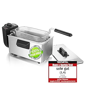 Emerio Freidora de aceite de 3,0 L con tecnología de zonas frías, muy bien 1,4" probada por Haus & Garden 06/2019, no más sabor amargo, freidora de zona fría con 2000 W, depósito de acero inoxidable