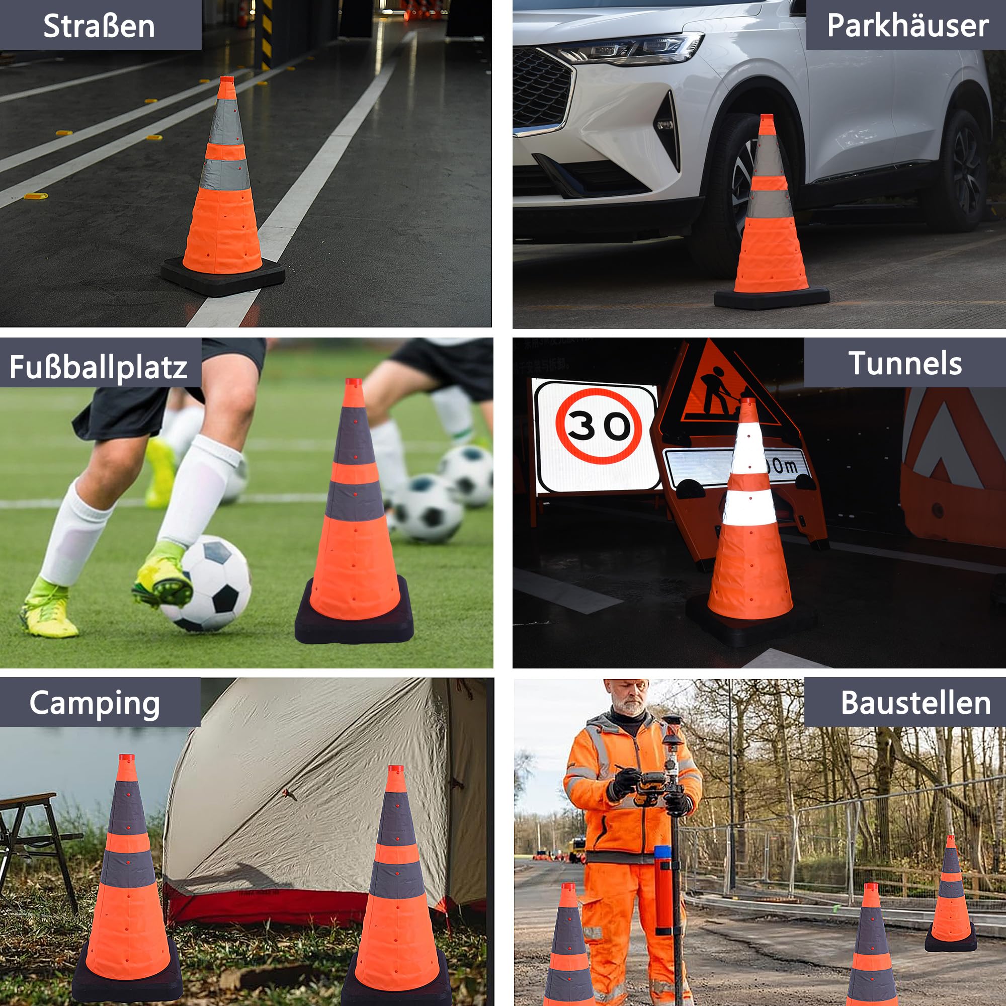4 Stück Warnkegel, 70cm Reflektierender Verkehrskegel, Orange Verkehrsleitkegel Pylone Faltbar, Zusammenlegbare Mehrzweck Verkehrssicherheitskegel