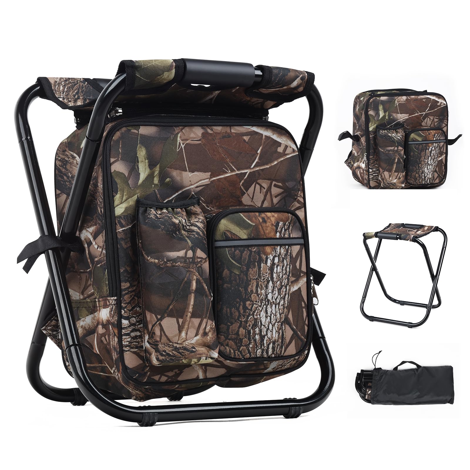 Outplea Portable Fishing Stool with Removable 15L Cooler Backpack, Foldable Caming Chair Backpack 160kg Max Load, Leaf Camouflage