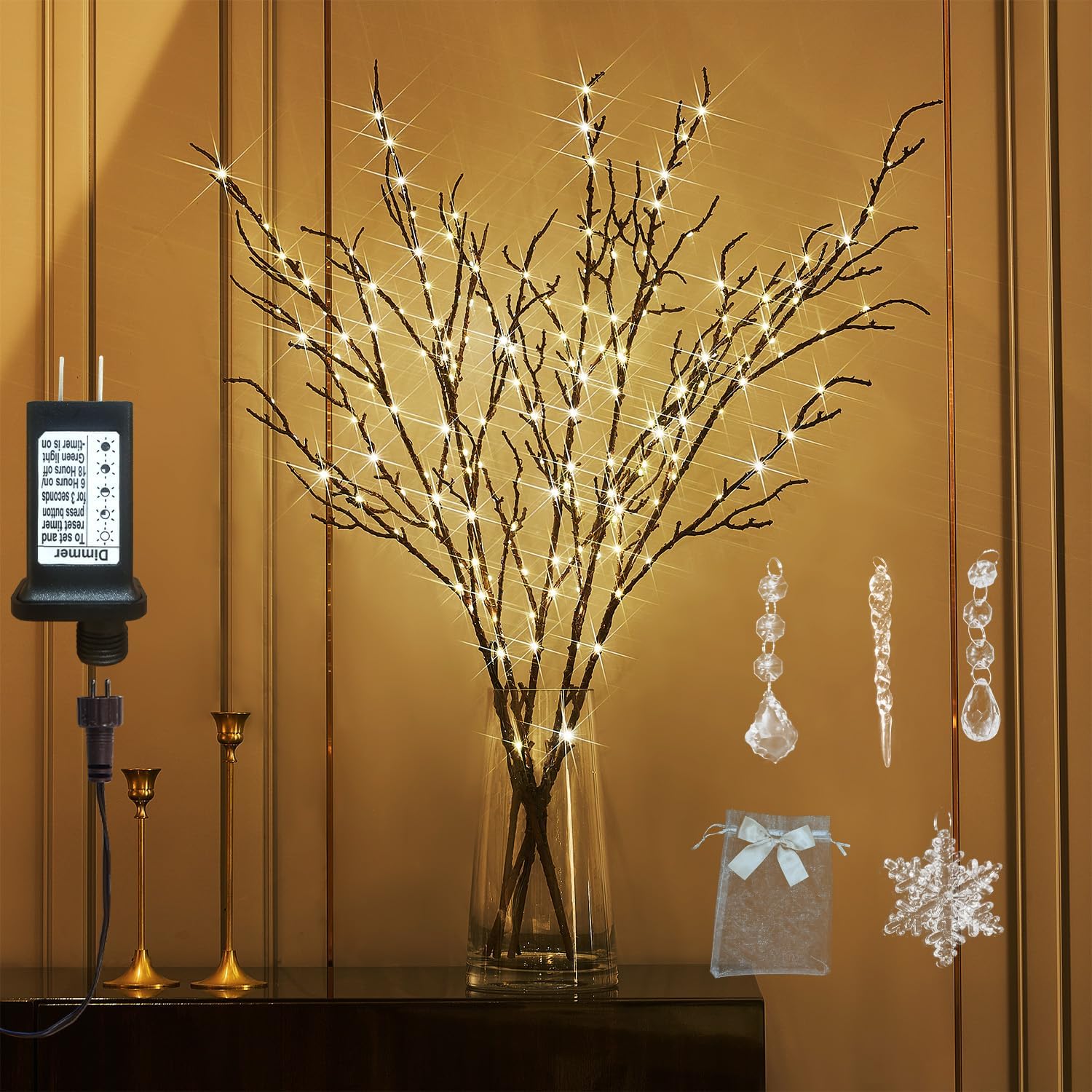 Fudios Lighted Branches Plug in 32IN 200 LED Mantle Winter Decor, Brown Twig Branch Lights for Christmas Holiday Party Indoor Outdoor 200LED-brown 32in-1 set