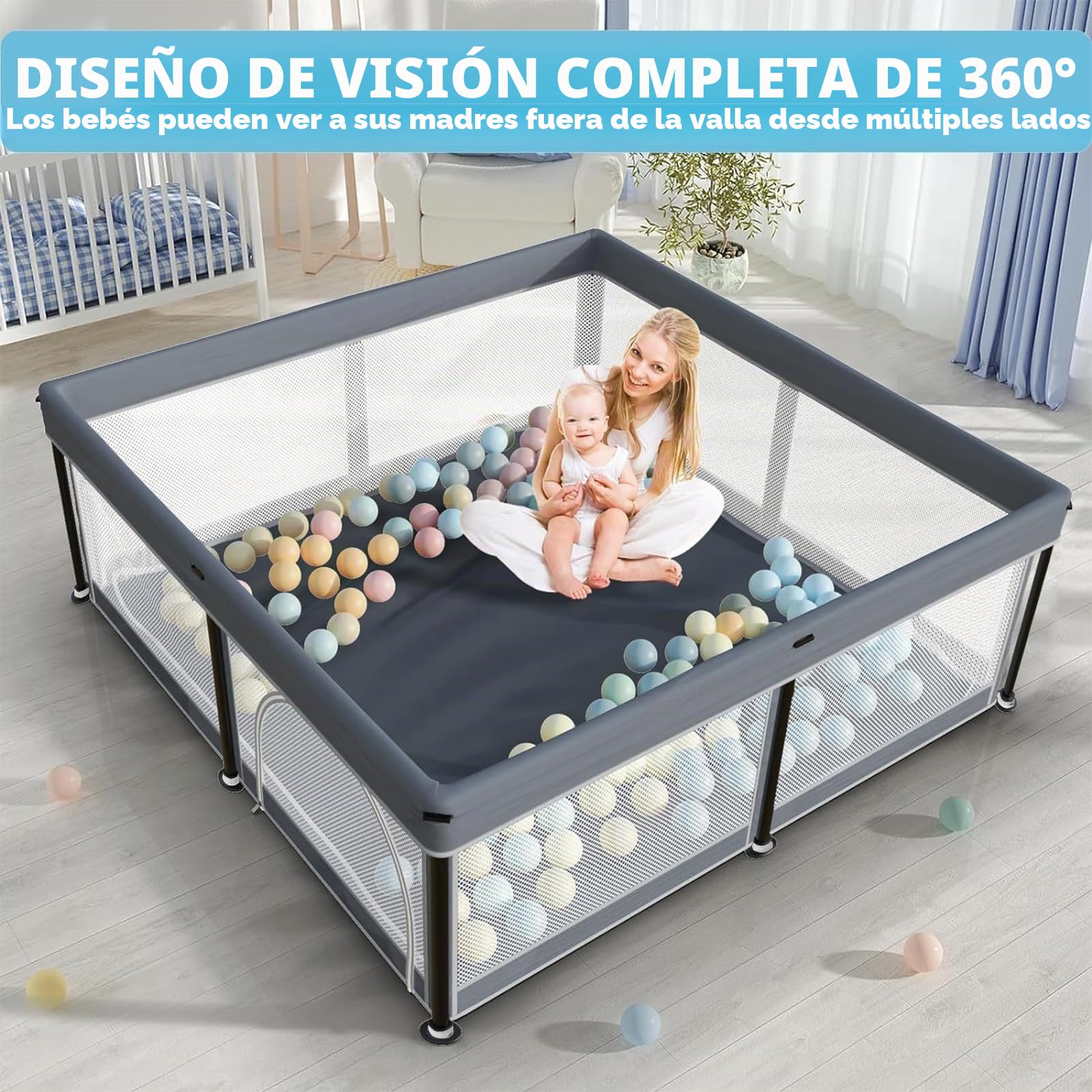 Parque infantil plegable con colchón, interior y exterior (gris, 180 x 127)