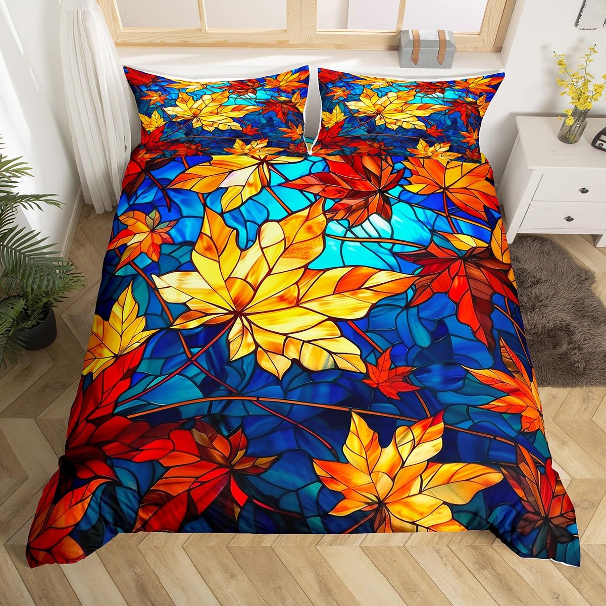 Homewish Fall Leaves Comforter Cover King,Watercolor Decor Duvet Cover Colourful Leaves Bedding Set for Kids Boys Girls Teens Bedroom Decor