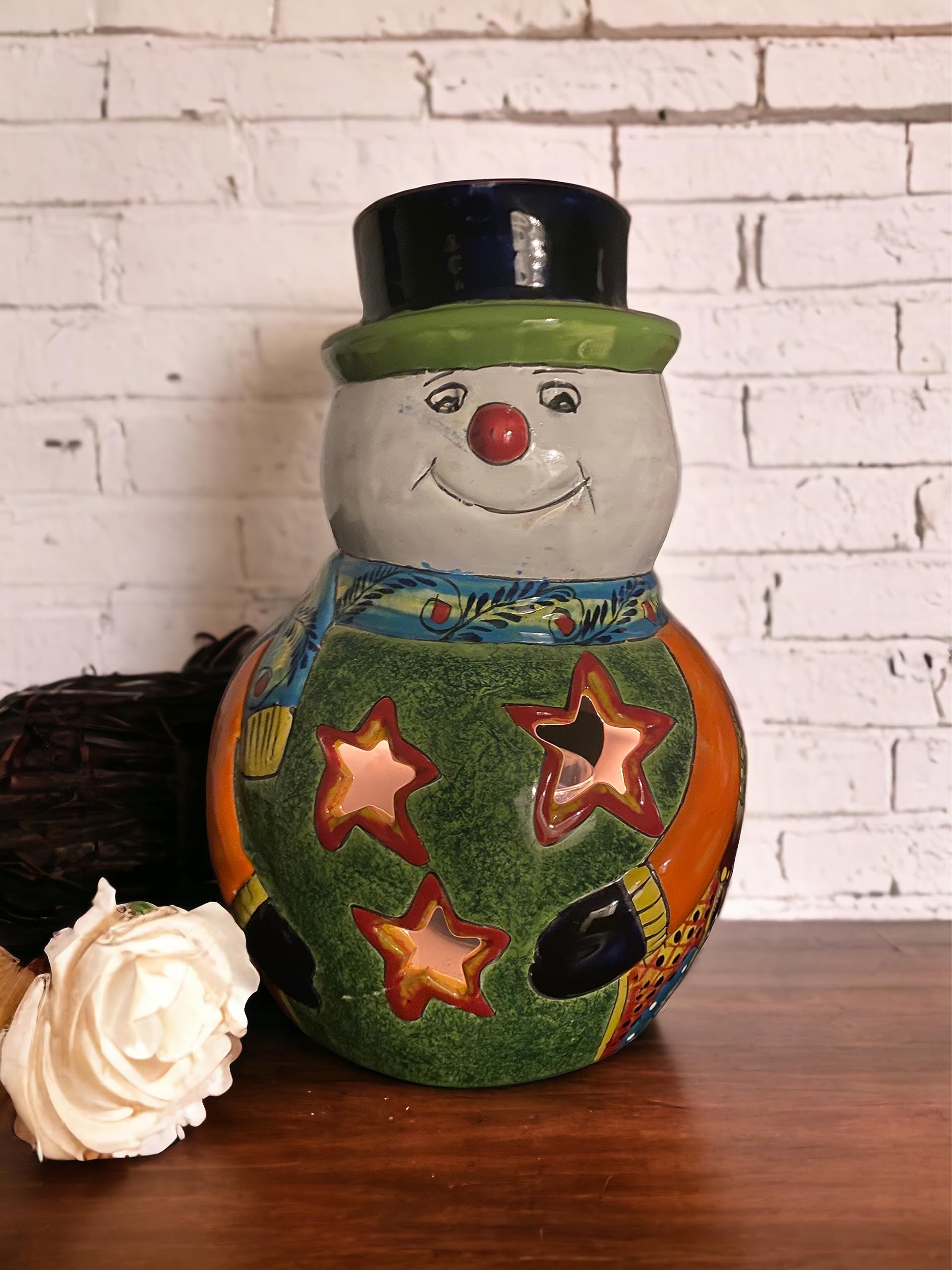スノーマン 置物 陶器 Amazon.com: Handmade Talavera Snowman Candle Holder | Mexican