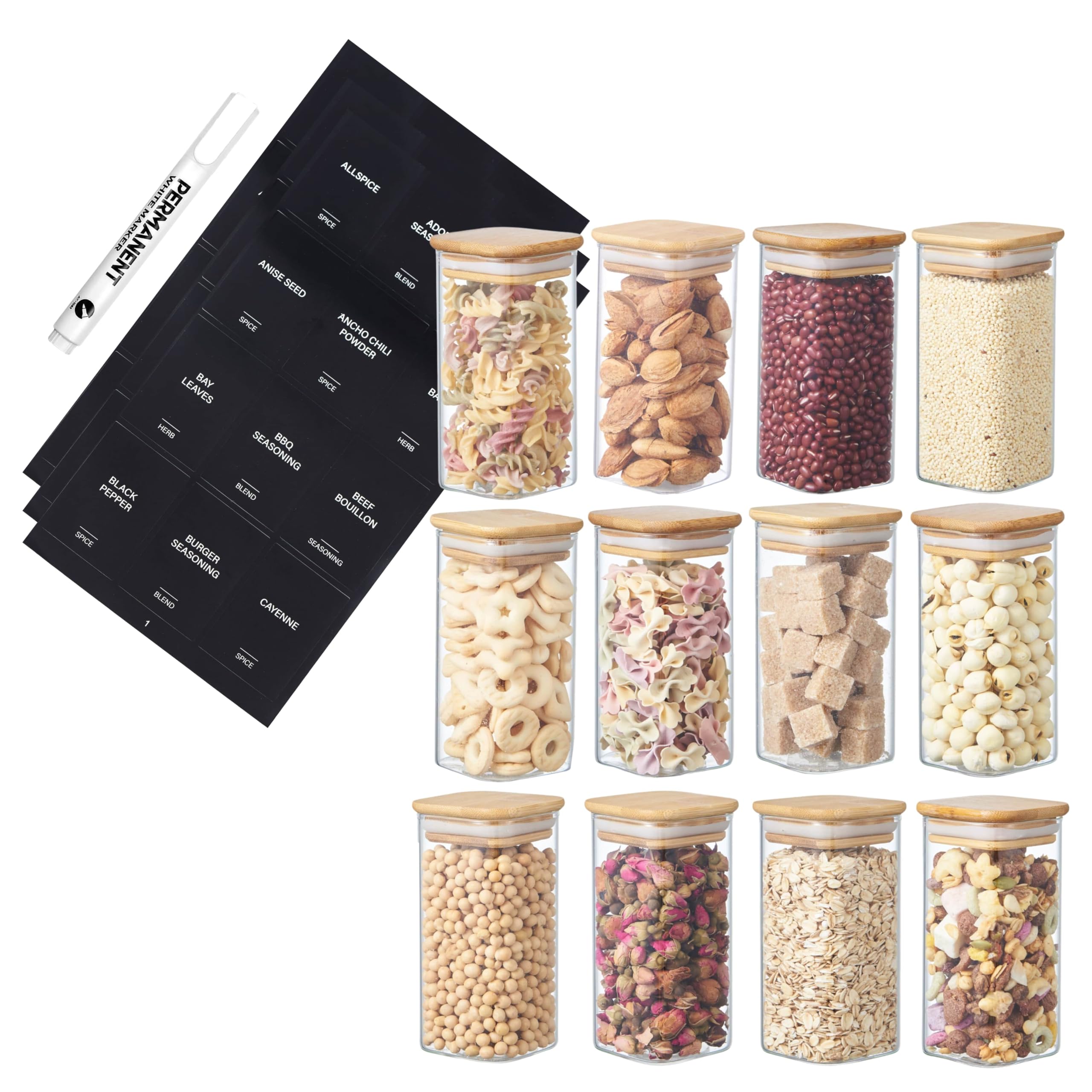 Small Square Glass Storage Jars with Airtight Bamboo Lids | Kitchen Organization Containers | Spice Jars with Preprinted Labels & White Marker – Pantry Storage for Herbs & Spices (12, Clear, 300ml)