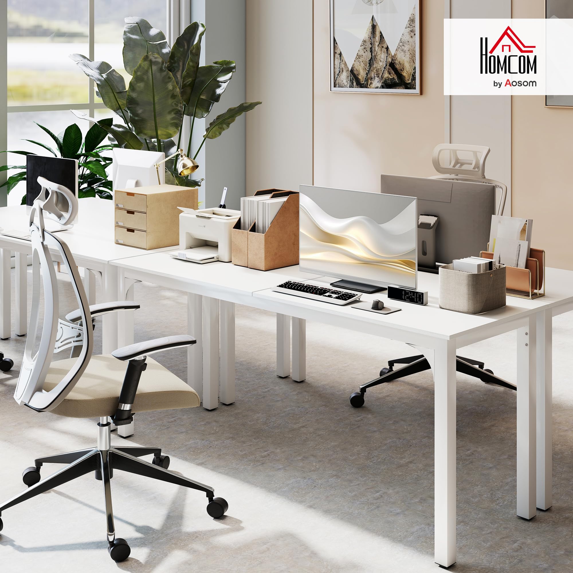 HOMCOM Scrivania, scrivania per computer, 180 cm, con ampio piano per 2 persone, telaio in acciaio, tavolo per computer per lavoro a casa o studio, bianco