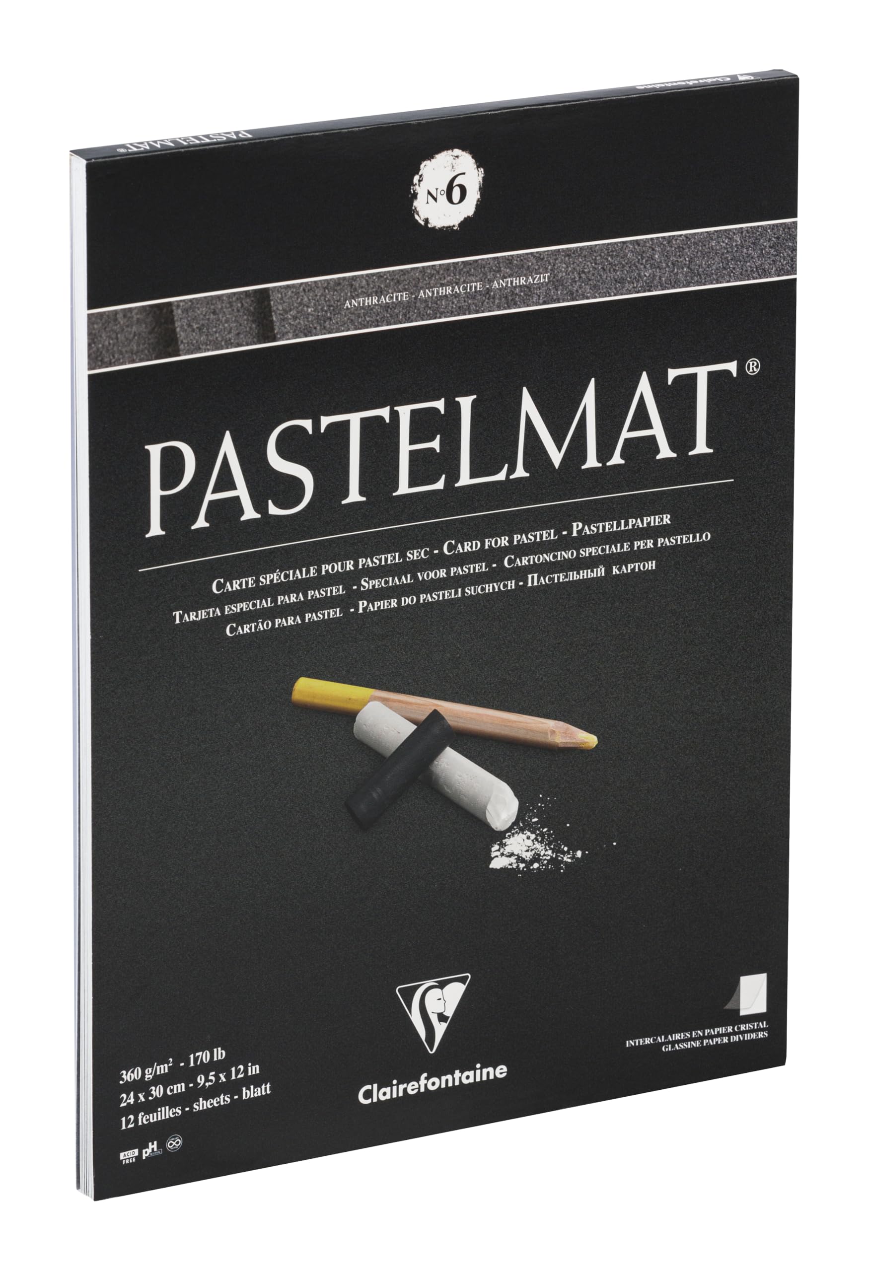 Clairefontaine - Ref 96004C - Pastelmat Pastel Card Pad No.6 (12 Sheets) - 360gsm Card - 24 x 30cm - Anthracite - Specially Formulated For Use With Pastels