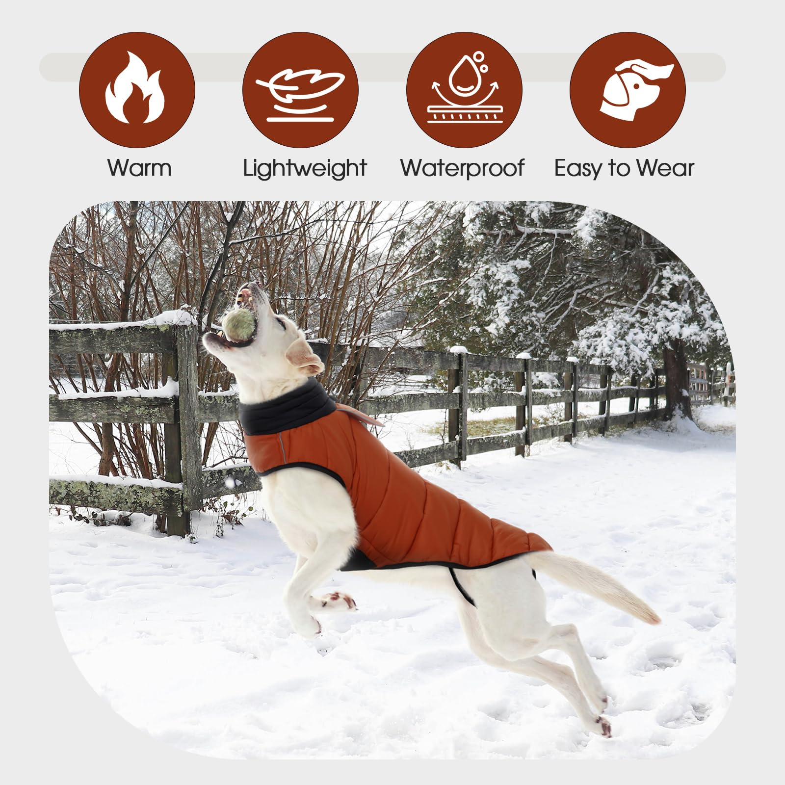 IDOMIK Dog Winter Coat, Warm Waterproof Dog Puffer Jacket with Harness Hole, Adjustable Reflective Snow Jacket Vest with Turtleneck, Pet Cold Weather Coats for Large Dogs,Caramel,L