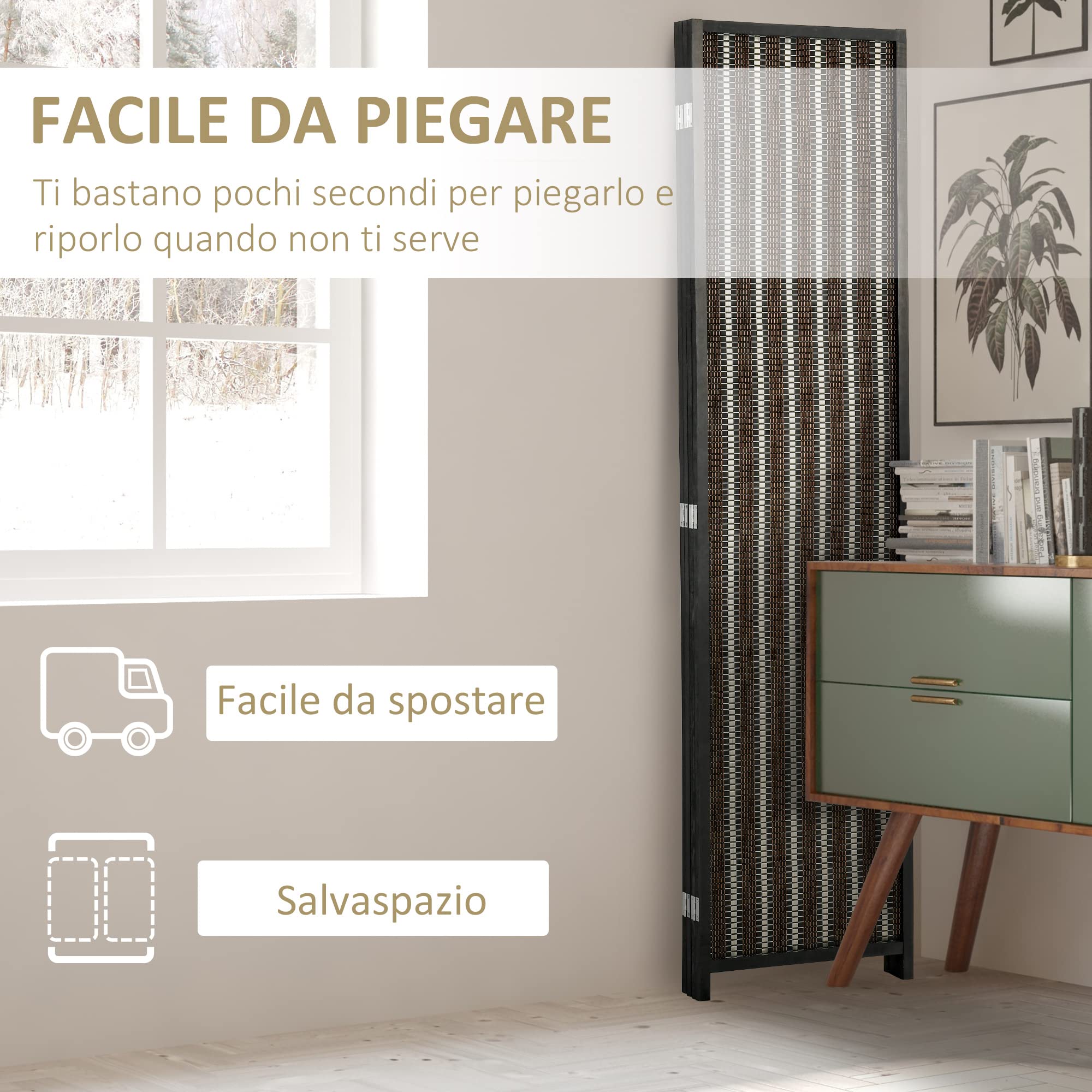 Separé Pieghevole a 4 Pannelli struttura in Legno e Bambù Fantasia