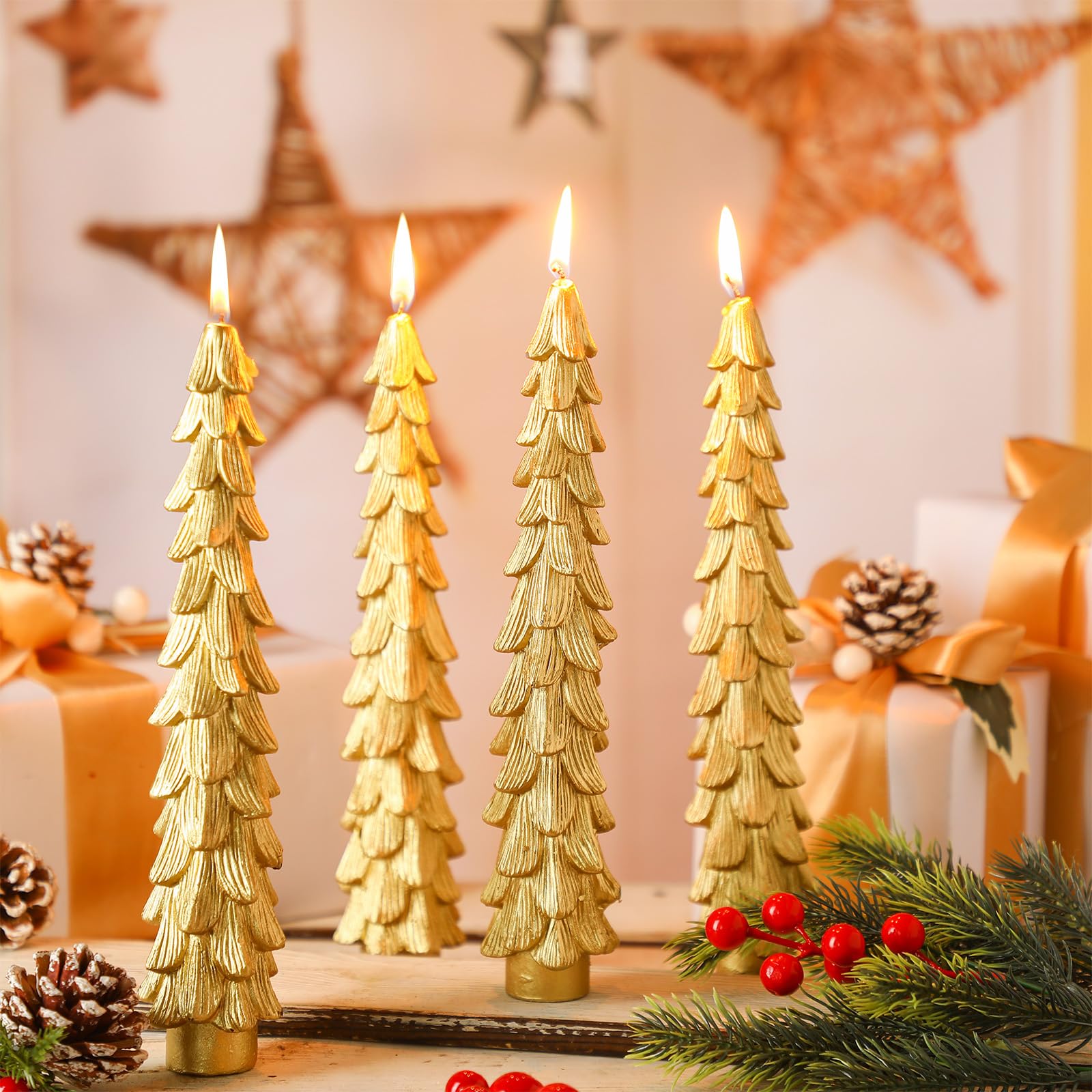MTLEE 4 Pcs Christmas Tree Shaped Taper Candles Xmas Eve Holiday Candle Unscented Candlesticks for Christmas Party Room House Kitchen Decor Wedding Decorations Gift (Gold,10 Inch)