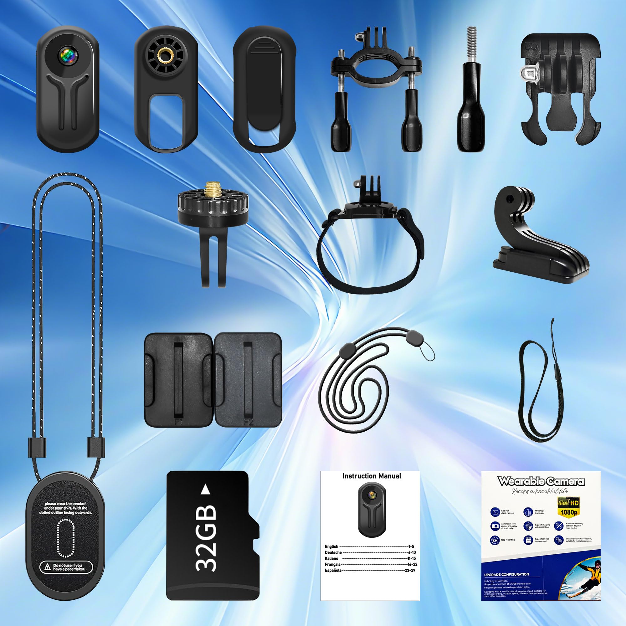 Caméra d'action 1080P 32 Go, Caméra sport portable, Body cam magnétique, POV caméra casque moto