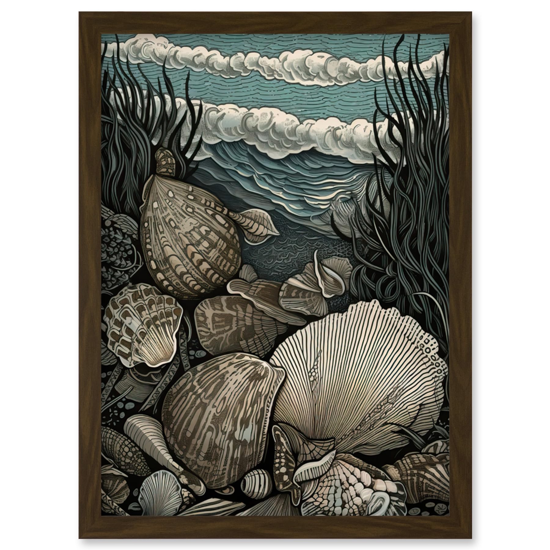 Artery8 Seashells by the Shore Modern Coastal Illustration Artwork Framed Wall Art Print A4