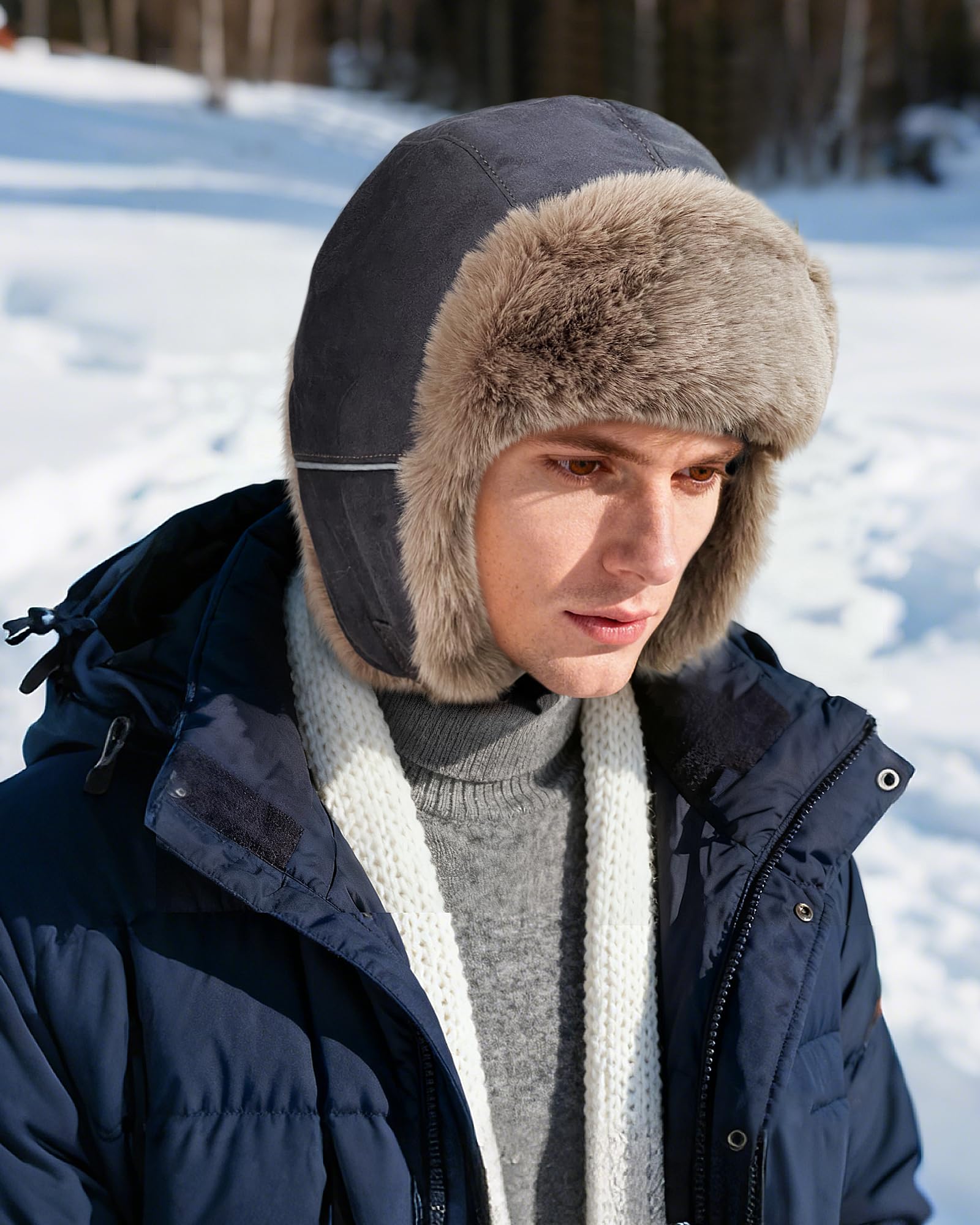 Winddichte Trappermütze, Wintermütze aus Kunstpelz, Eskimo-Jagdmütze mit Ohrenklappen