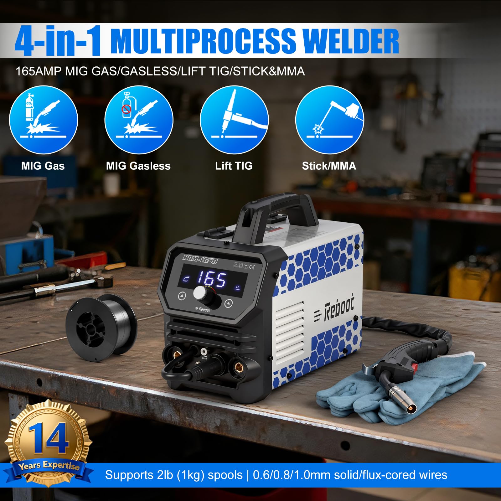 Reboot Schweißgerät 4 in 1 Gas/Gaslos – MIG/MAG/MMA/Lift-TIG Inverter IGBT, 165A Fülldraht Schweißgerät mit 1-Knopf-Synergie & Anti-Stick, LED-Display, ideal für Heimwerker & Kfz-Reparatur