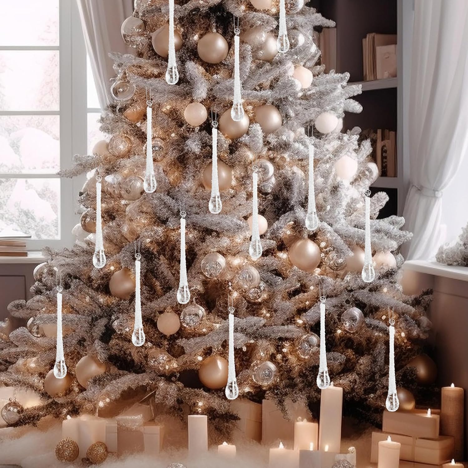 24 Pcs ICY Teardrop Christmas Ornaments 4.72 x 0.59 Inches Frosted Glass Raindrop Clear Christmas Chandelier Crystal Hanging Ornaments for Xmas Tree Decorations Winter Party(White)