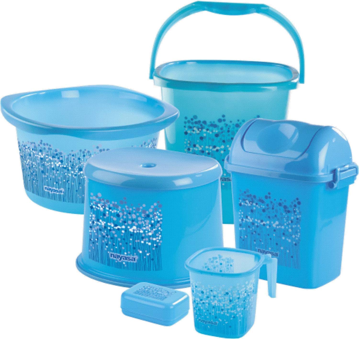 Nayasa Plastic Bathroom Bucket Set with Bathroom Mug, Stool Patla, Soap Case, Dustbin and Tub