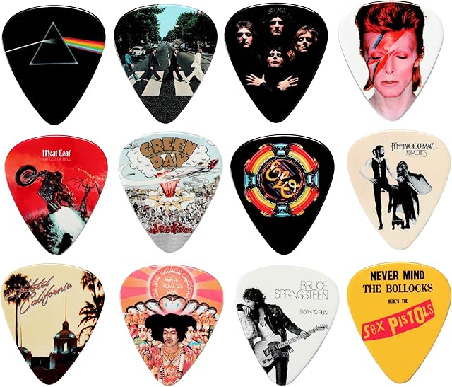 24 Classic Albums on 12 Double Sided Guitar Picks + Storage Bag for your Plectrums