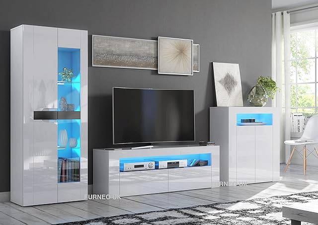 Furneo High Gloss & Matt White Living Room Set TV Stand Sideboard Display Cabinet Blue LED Lights