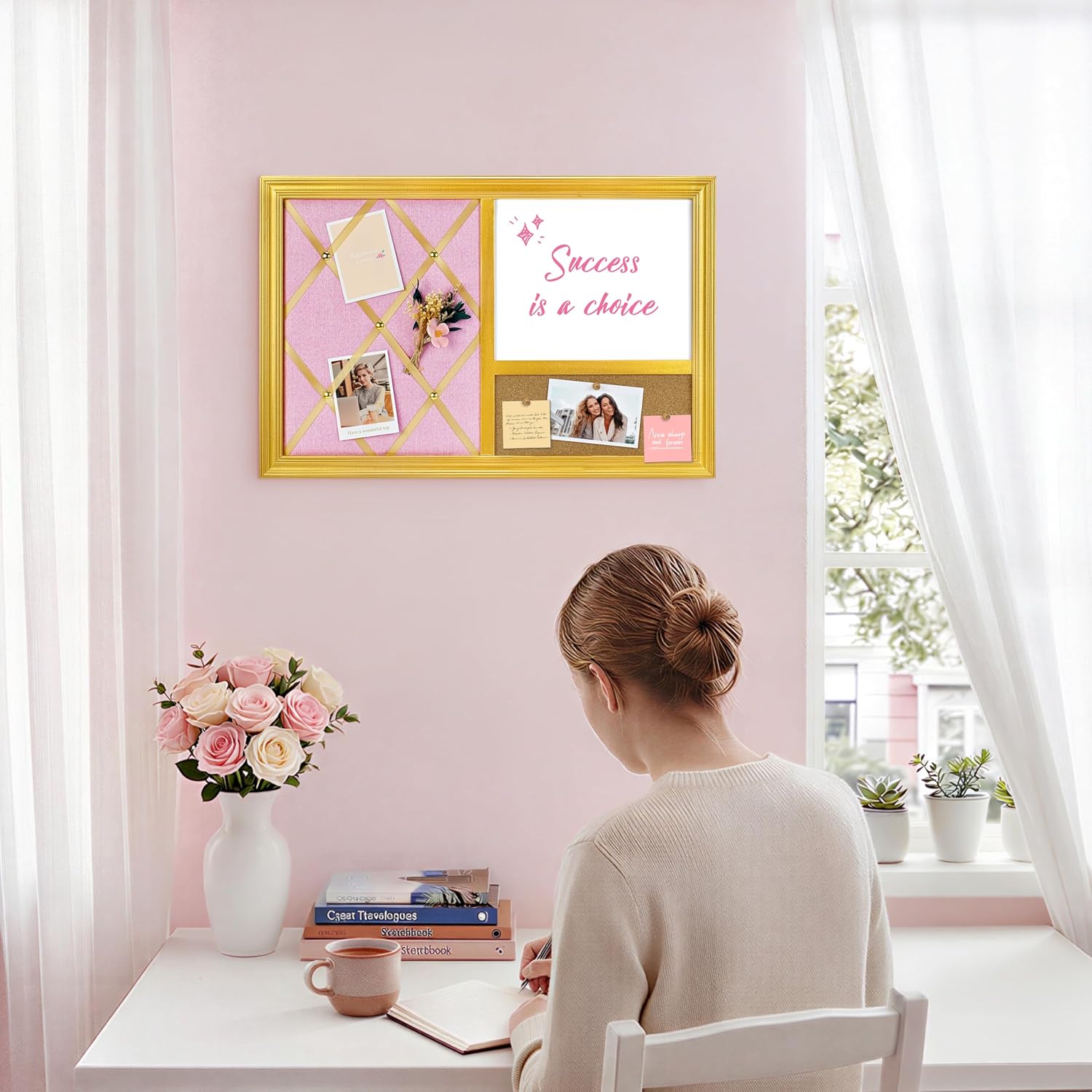 3-1 Memo Bulletin Board Combo,16’’x24’’,Gold Frame Pink Linen Ribbon Photo Board, Magnetic Whiteboard & Corkboard, for Office, Home, Bedroom,School,Dorm Wall Decor