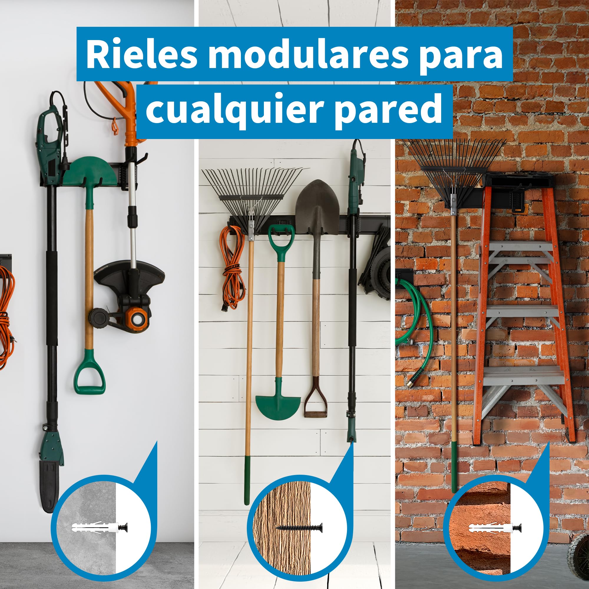 Precision Defined Almacenamiento de garaje, organización de garaje, organizador de herramientas de jardín de montaje en pared, ganchos ajustables de metal resistente, sistema de colgador de patio