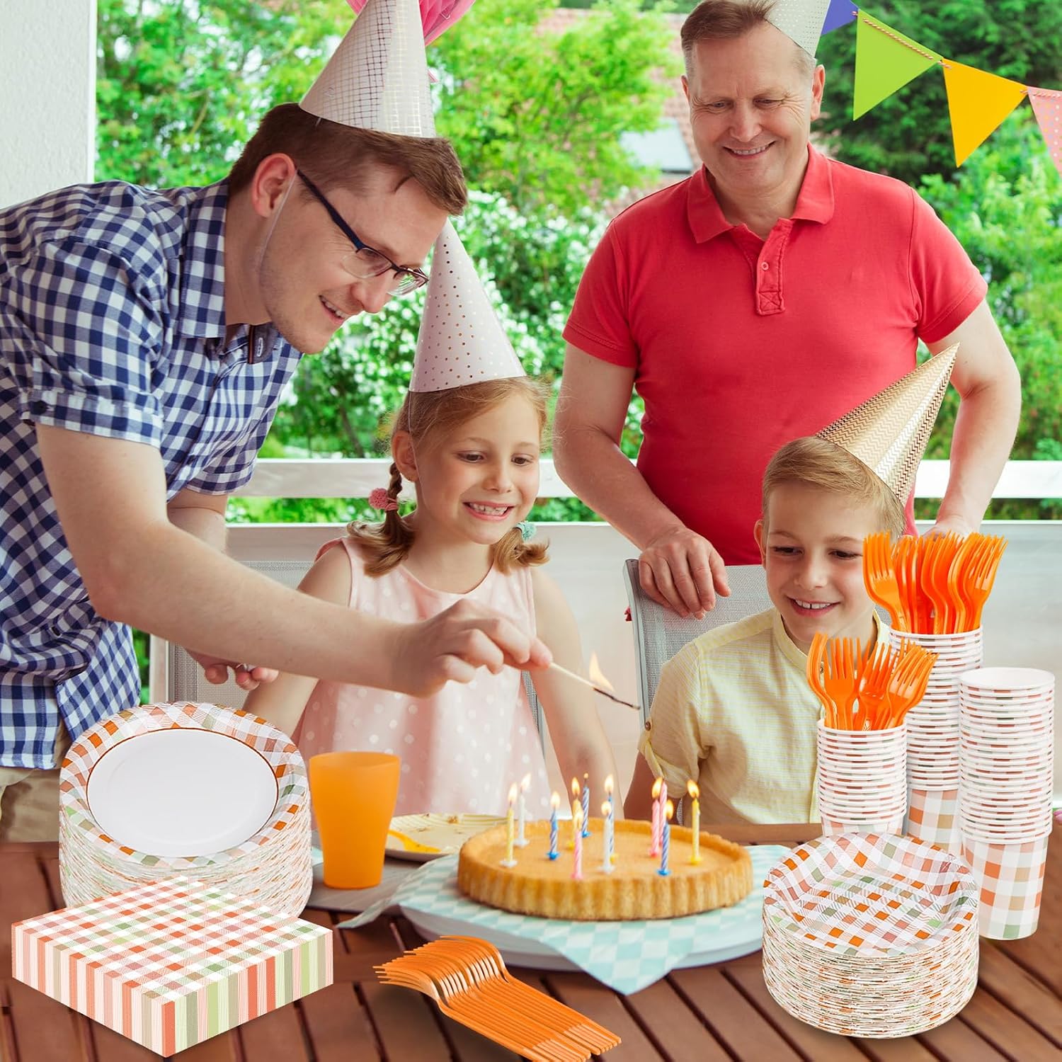 Orange Gingham Plates and Napkins Party Supplies, Fall Thanksgiving Disposable Tableware Set,Checkered Plaid Paper Plates for Birthday Family Dinner Picnic Barbecue Baby Shower Decor Serves 25 image 4