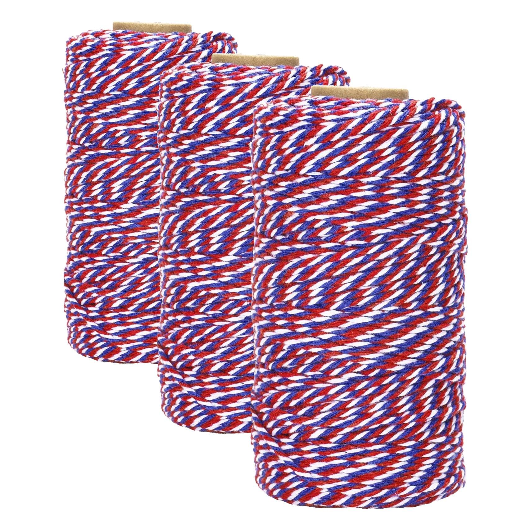 jijAcraft Red White and Blue String, 2MM Cotton Twine, 328Ft Bakers Twine, Wrapping String, Decoration Cotton Strings for 4th of July, Memorial Day, Veteran's Day (Pack of 3)