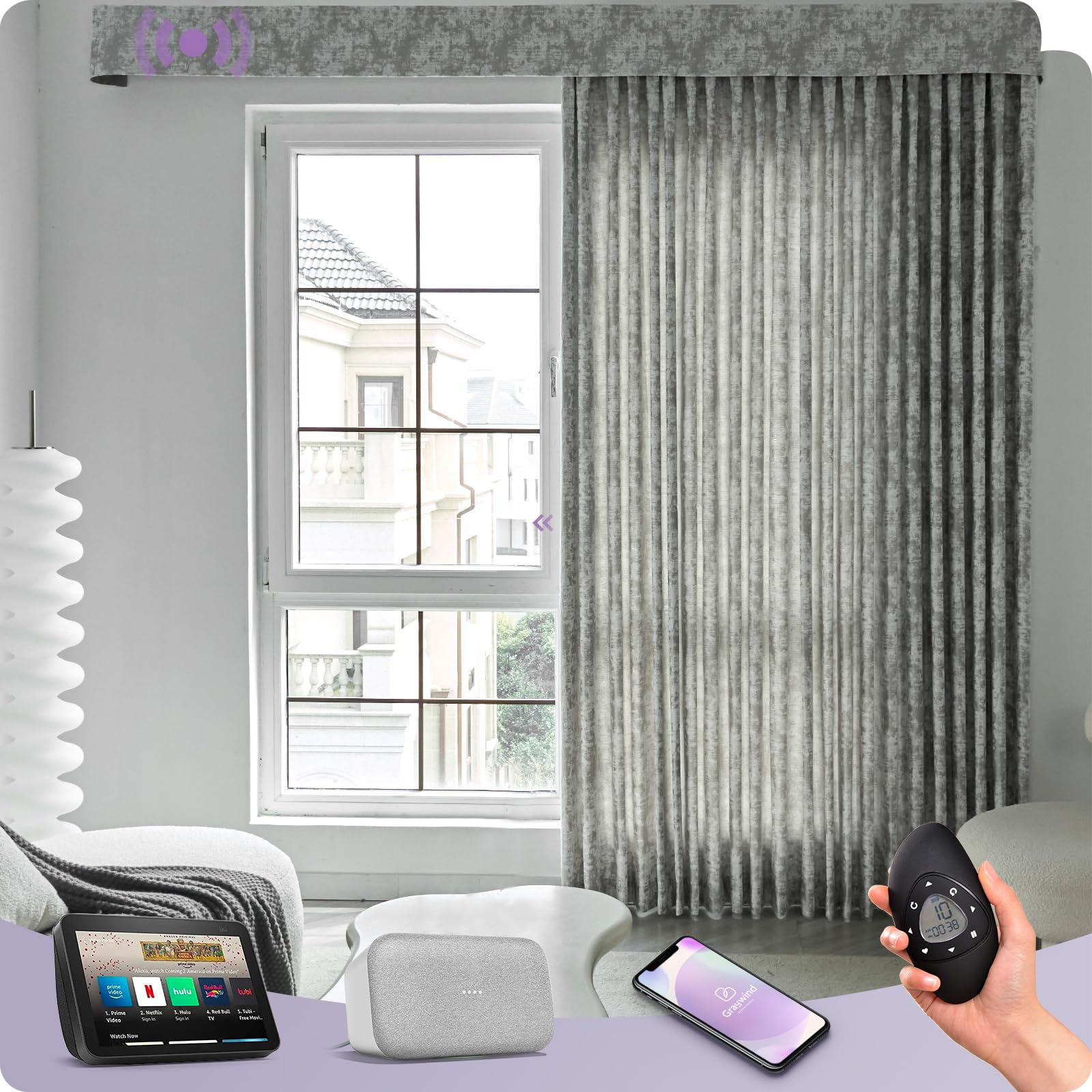 Graywind Rechargeable Smart Curtains Compatible with Alexa App Remote Control Motorized Drape for Sliding Door One-Way or Split Draw, Custom Width Up to 207" (Mist Series)