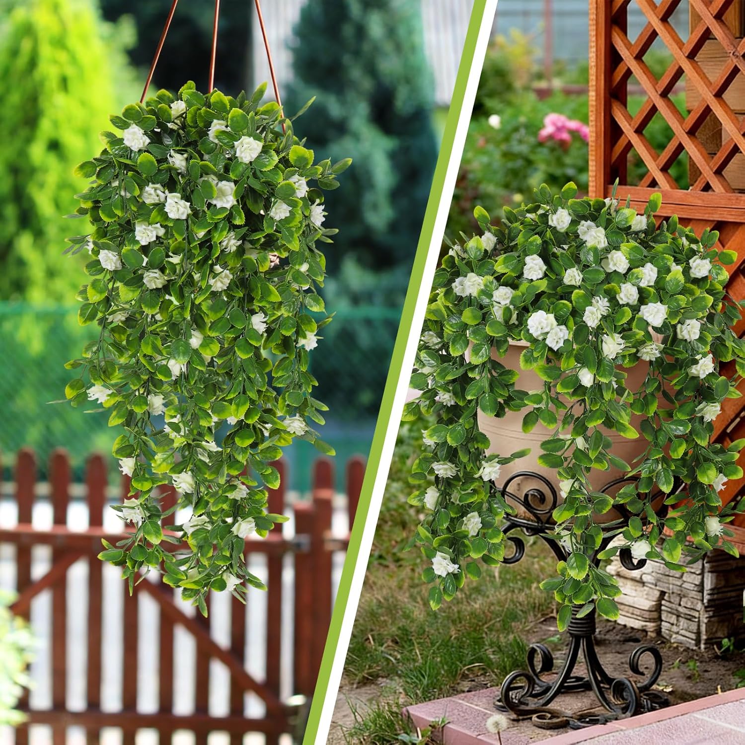 RECUTMS 3Pcs Artificial Hanging Flowers for Outdoor Decoration, Fake Roses UV Resistant Plastic Greenery Plants with Rose Leaves for Door Wall Yard Porch Garden Planter Balcony (Cream Yellow)