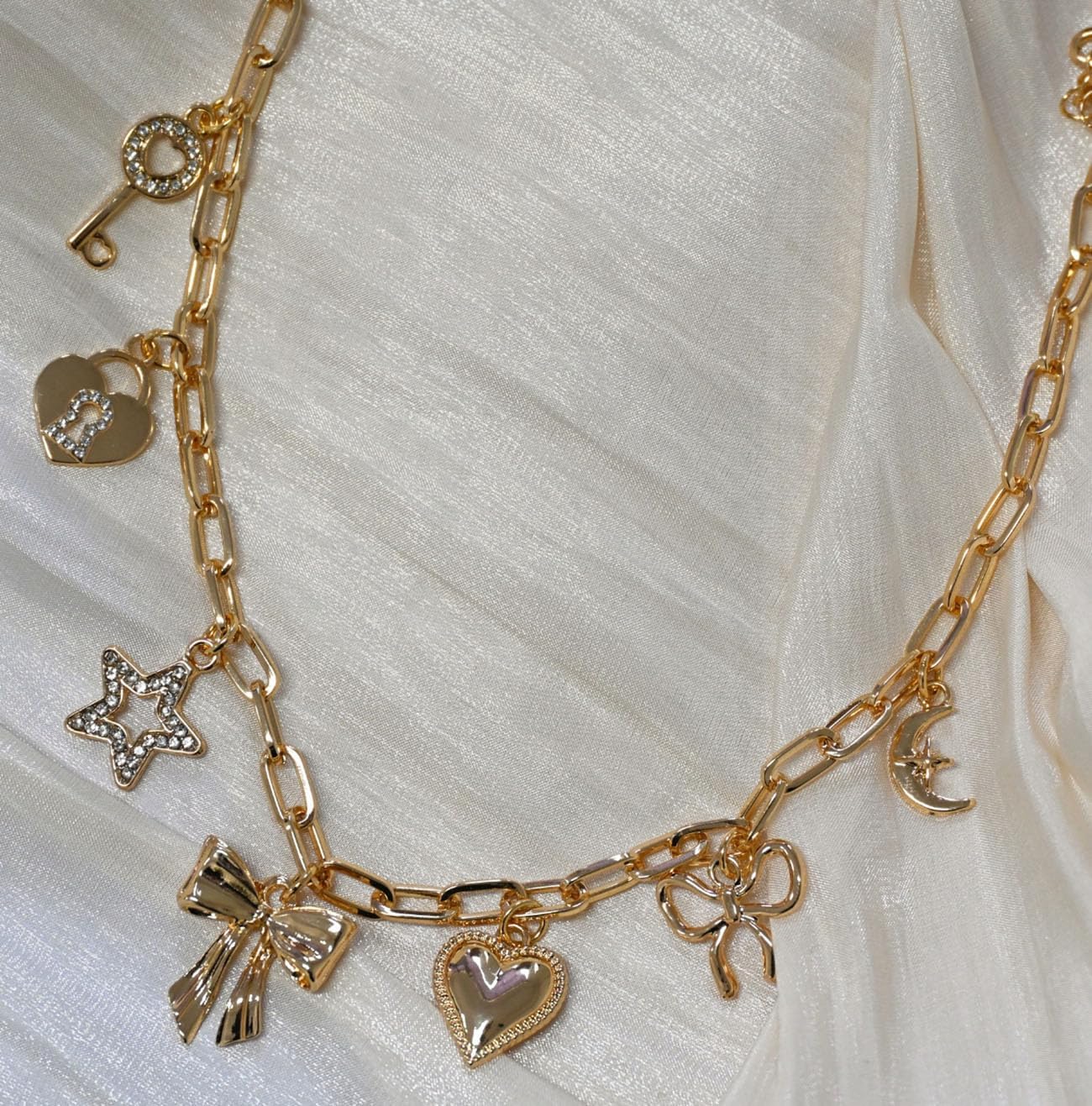 Gold Charm Necklaces for Women, 18K Gold Plated Bow Pendant Necklace Gold Heart Chain Aesthetic Star Jewelry - Image 2